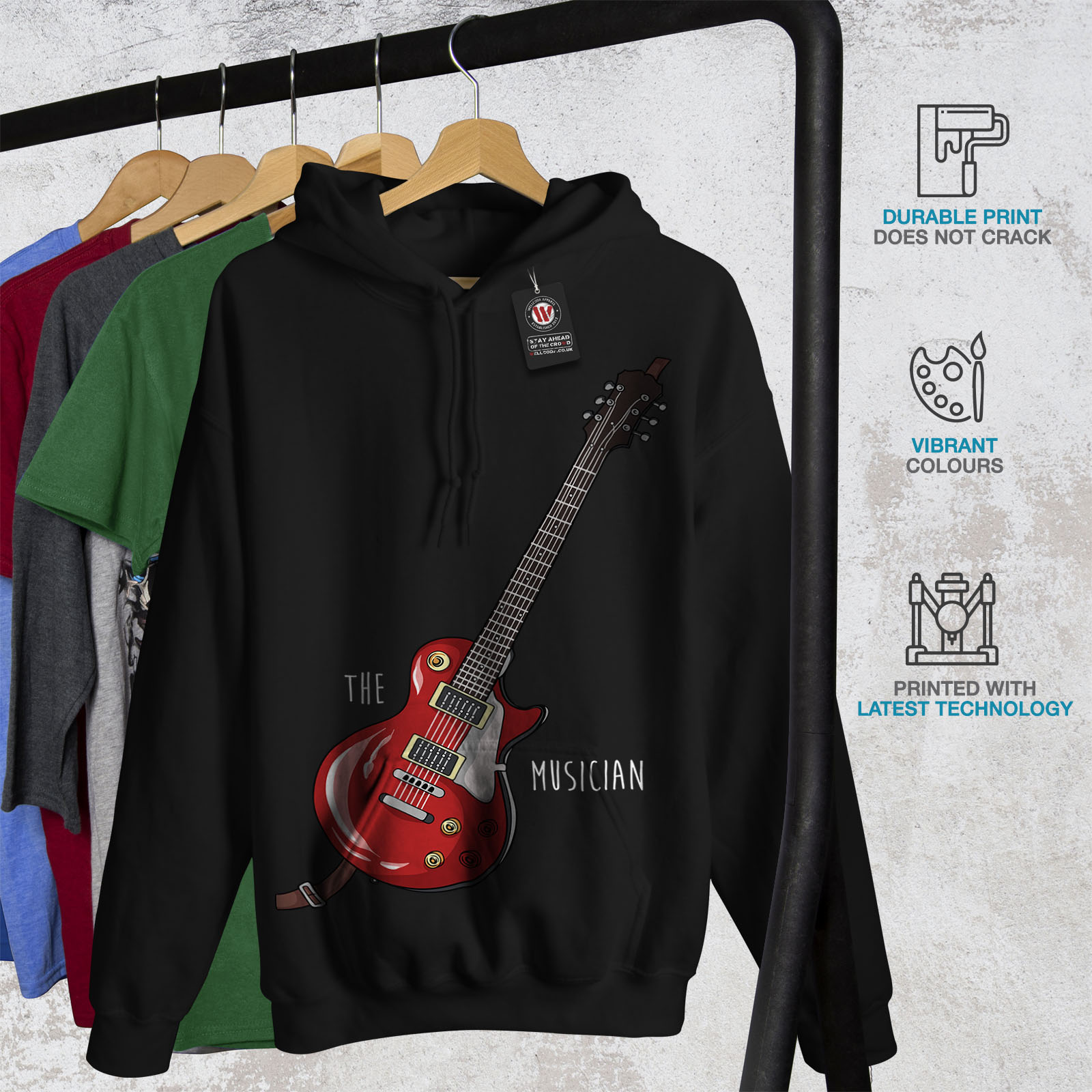 Wellcoda New Mens Hoodie Six-string Guitar Casual Hooded Sweatshirt