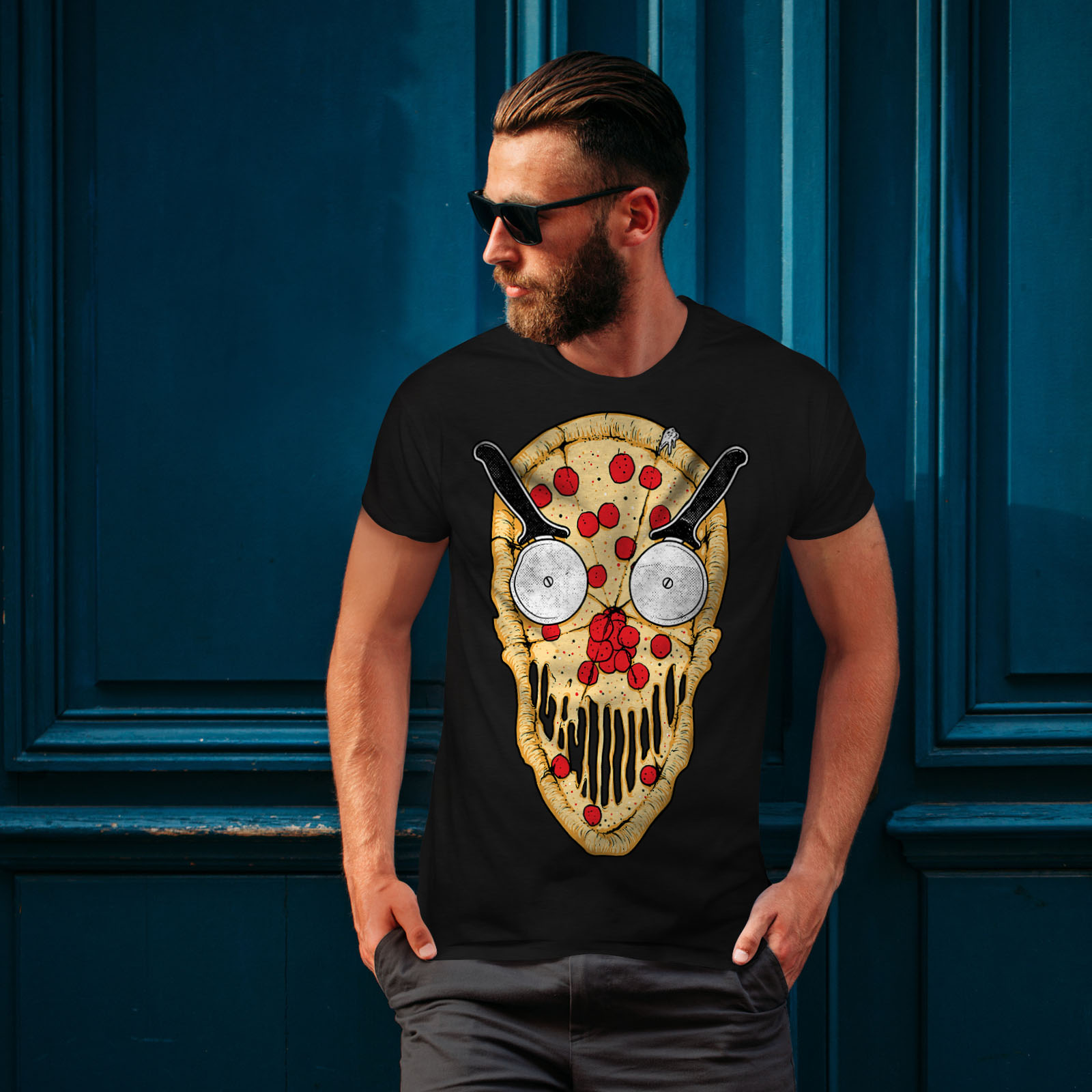 0 Graphic Design Stampato Tee Wellcoda Pizza FETTA Faccia Divertente Uomo T-shirt