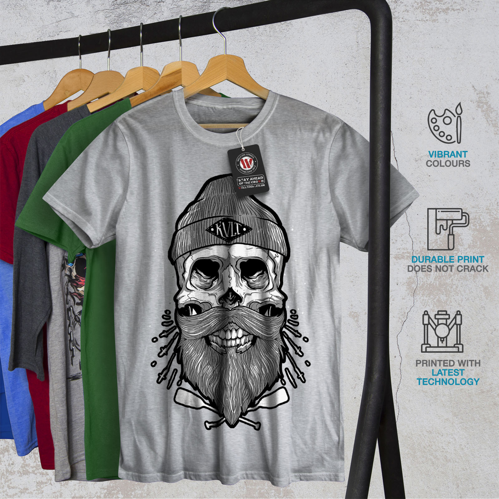 Graphic Design Printed Tee Wellcoda Skull Beard Cool Fashion Mens T-shirt