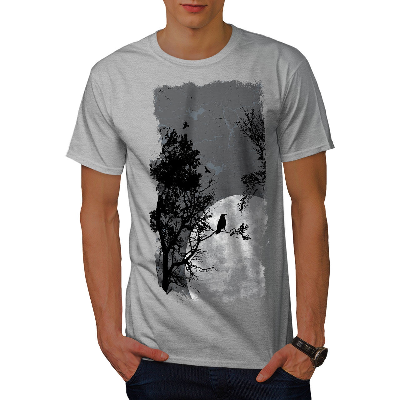Wellcoda Night Raven Crow Nature Mens T-shirt Birds Graphic Design Printed Tee