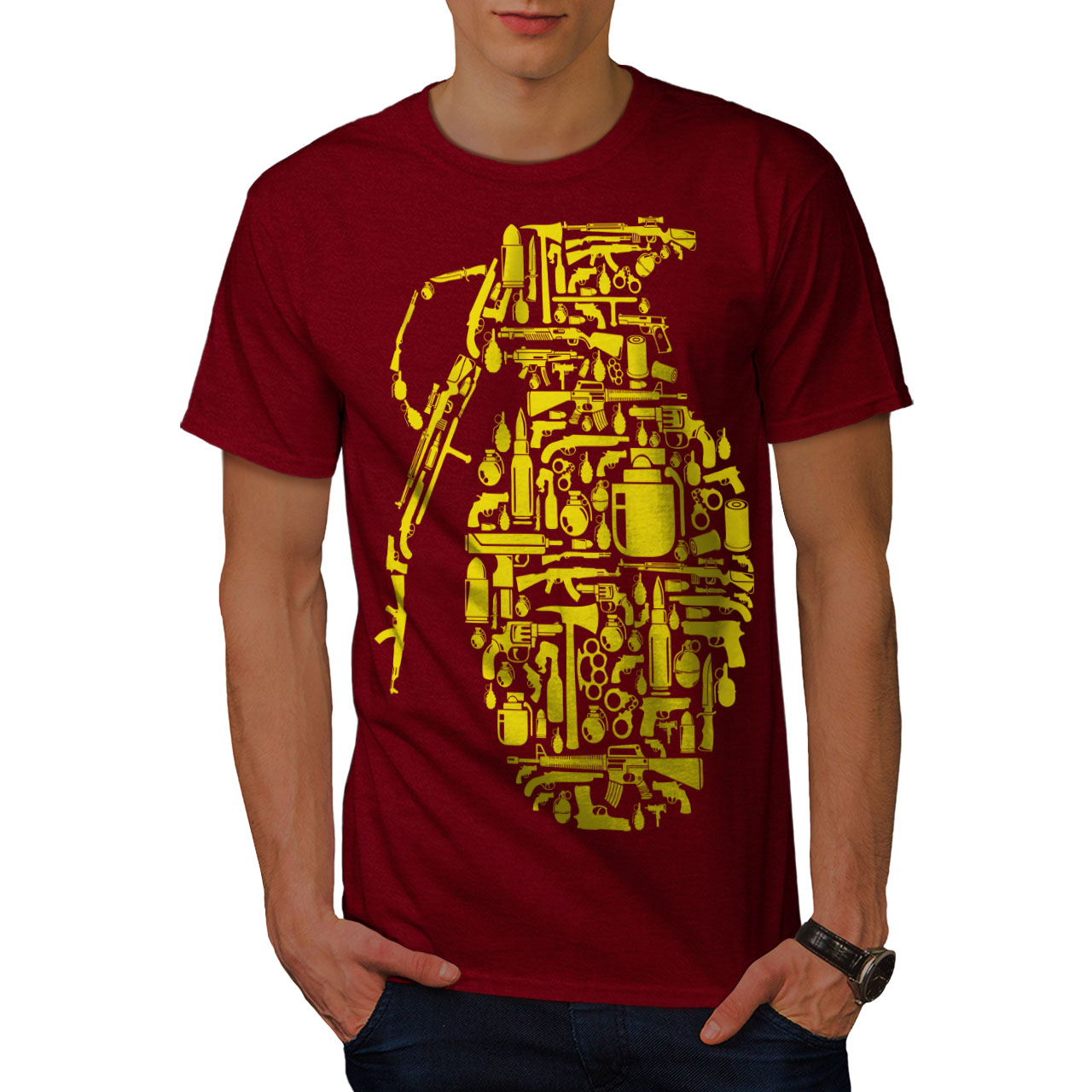 0 Graphic Design Stampato Tee Wellcoda pistola Granata GUERRA Gangster da uomo T-shirt