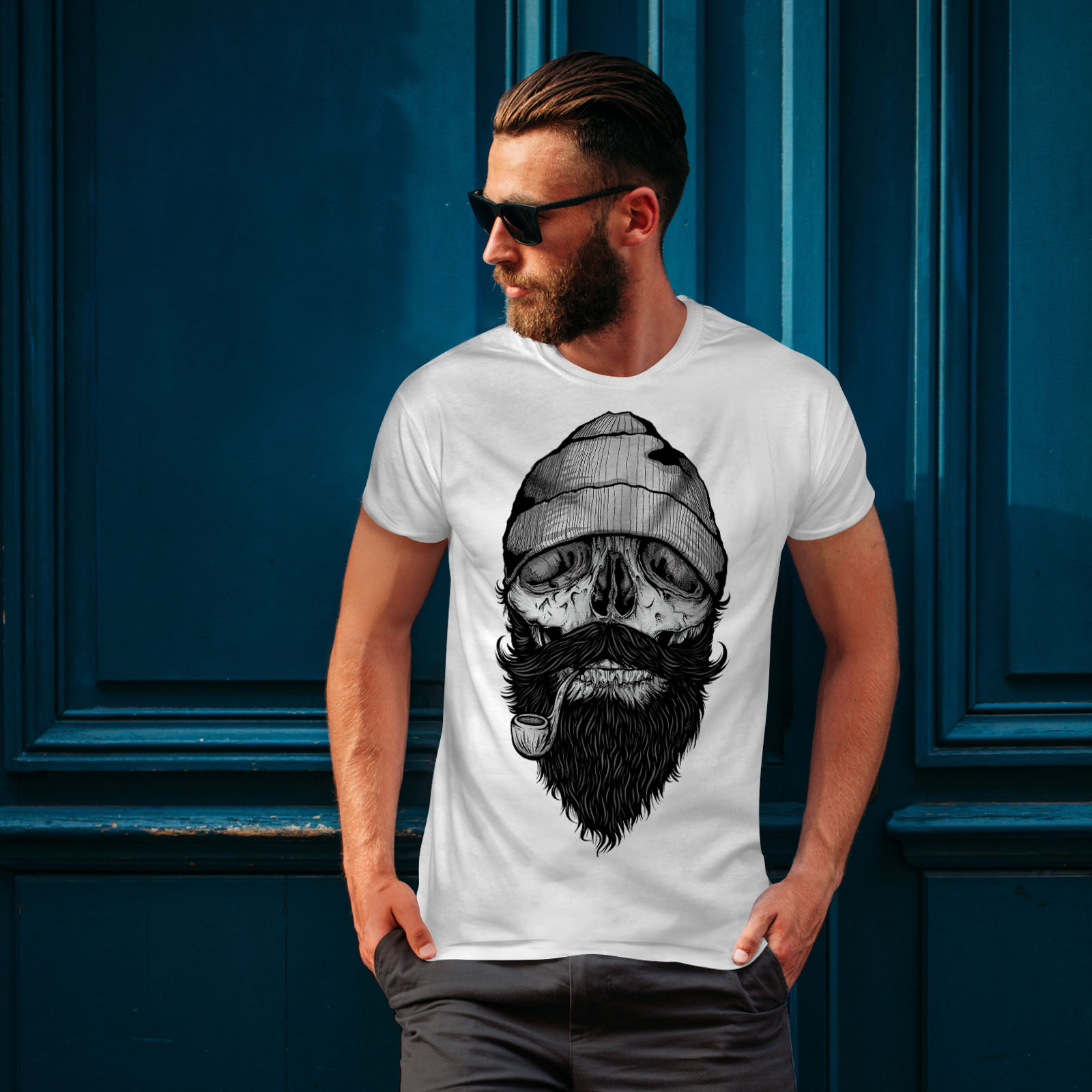 Wellcoda Smoke Beard Skull Mens T-shirt Fresh Graphic Design Printed Tee