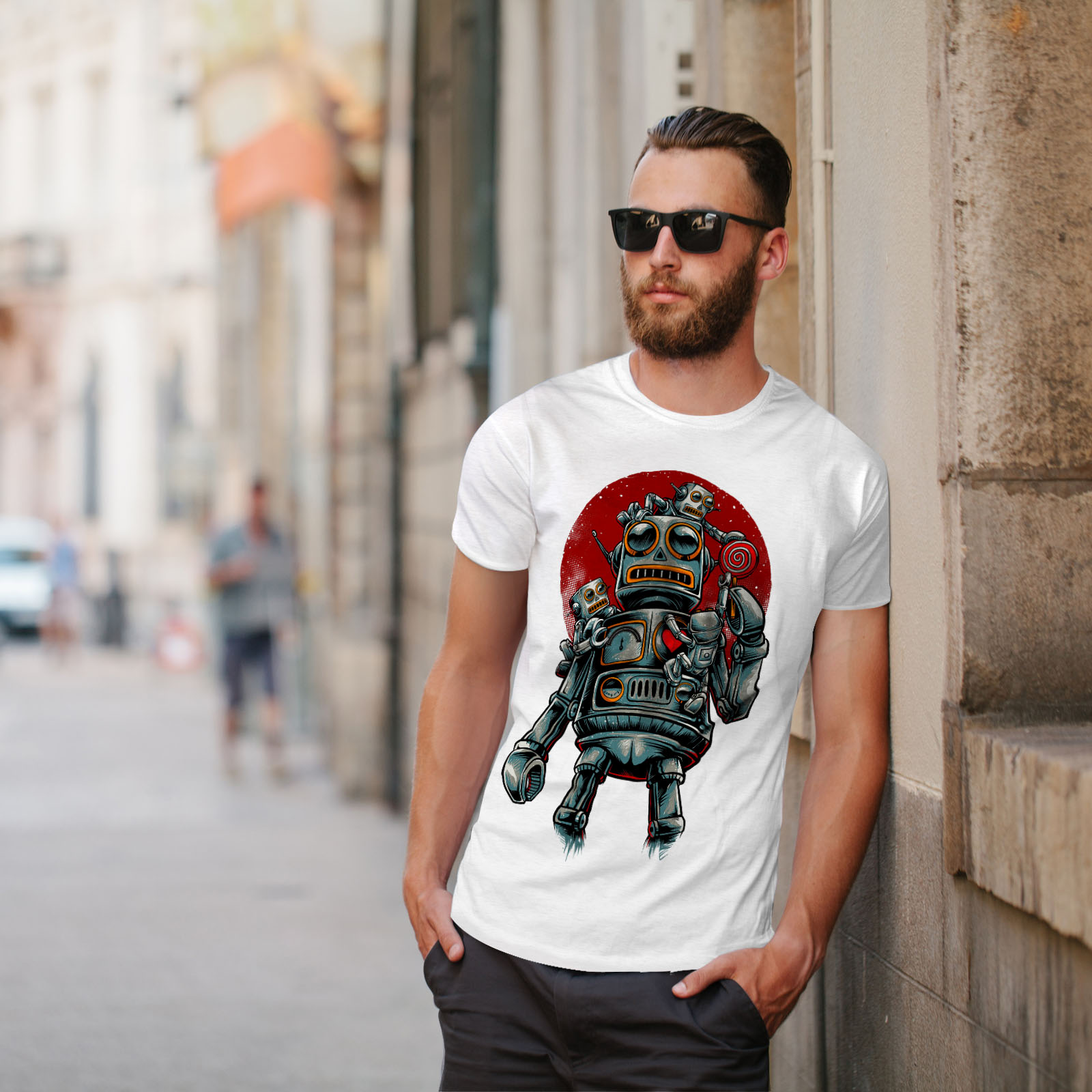 0 Graphic Design Stampato Tee Wellcoda ROBOT Sole Rosso Moda Da Uomo T-shirt