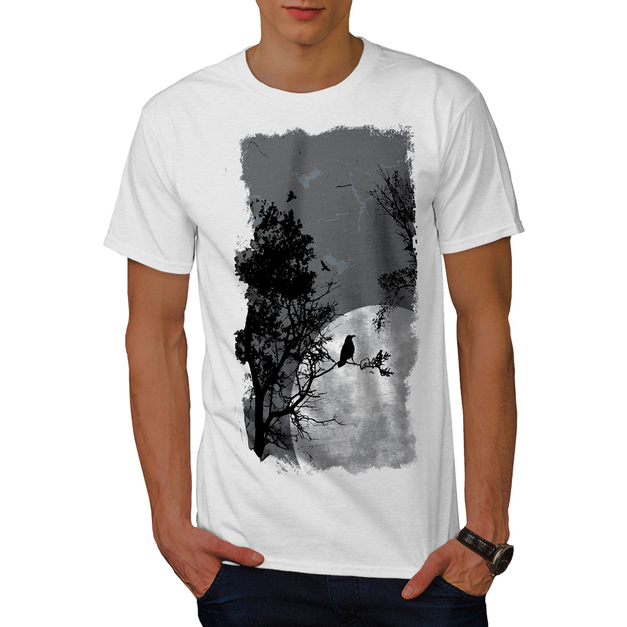 Wellcoda Night Raven Crow Nature Mens T-shirt Birds Graphic Design Printed Tee