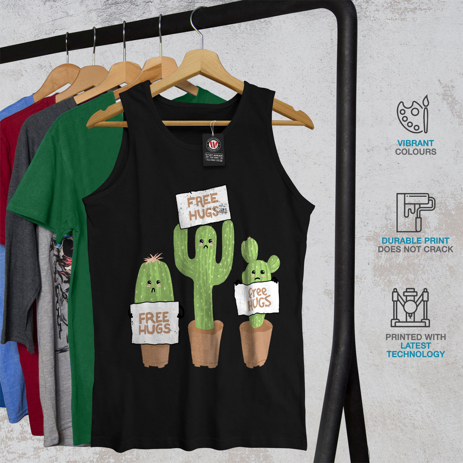Wellcoda Free Hugs CACTUS Da Uomo Canotta irascibile Divertente Camicia di Sport Attivo