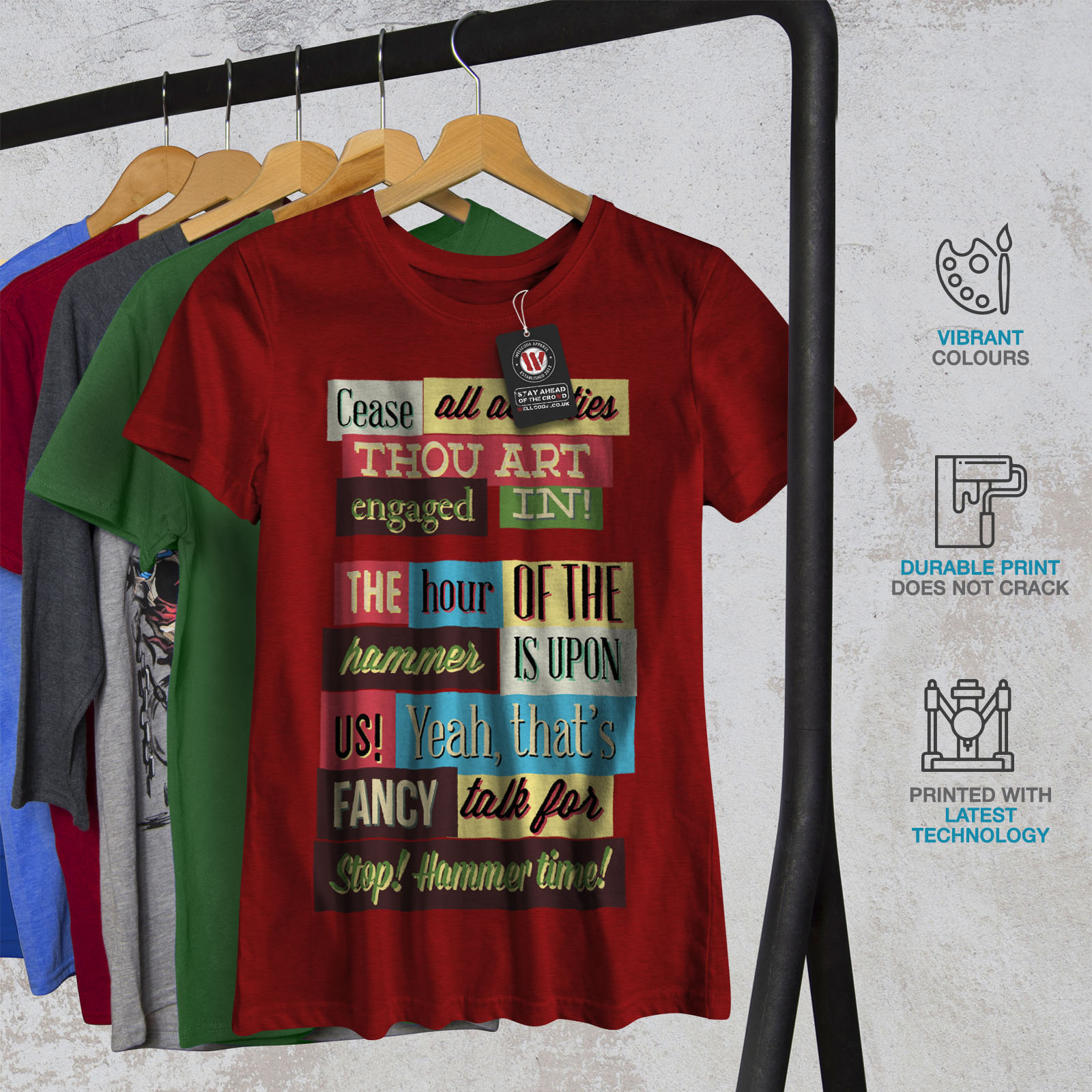 Wellcoda Marteau Temps Slogan T-shirt femme Unique Casual Design Imprimé Tee