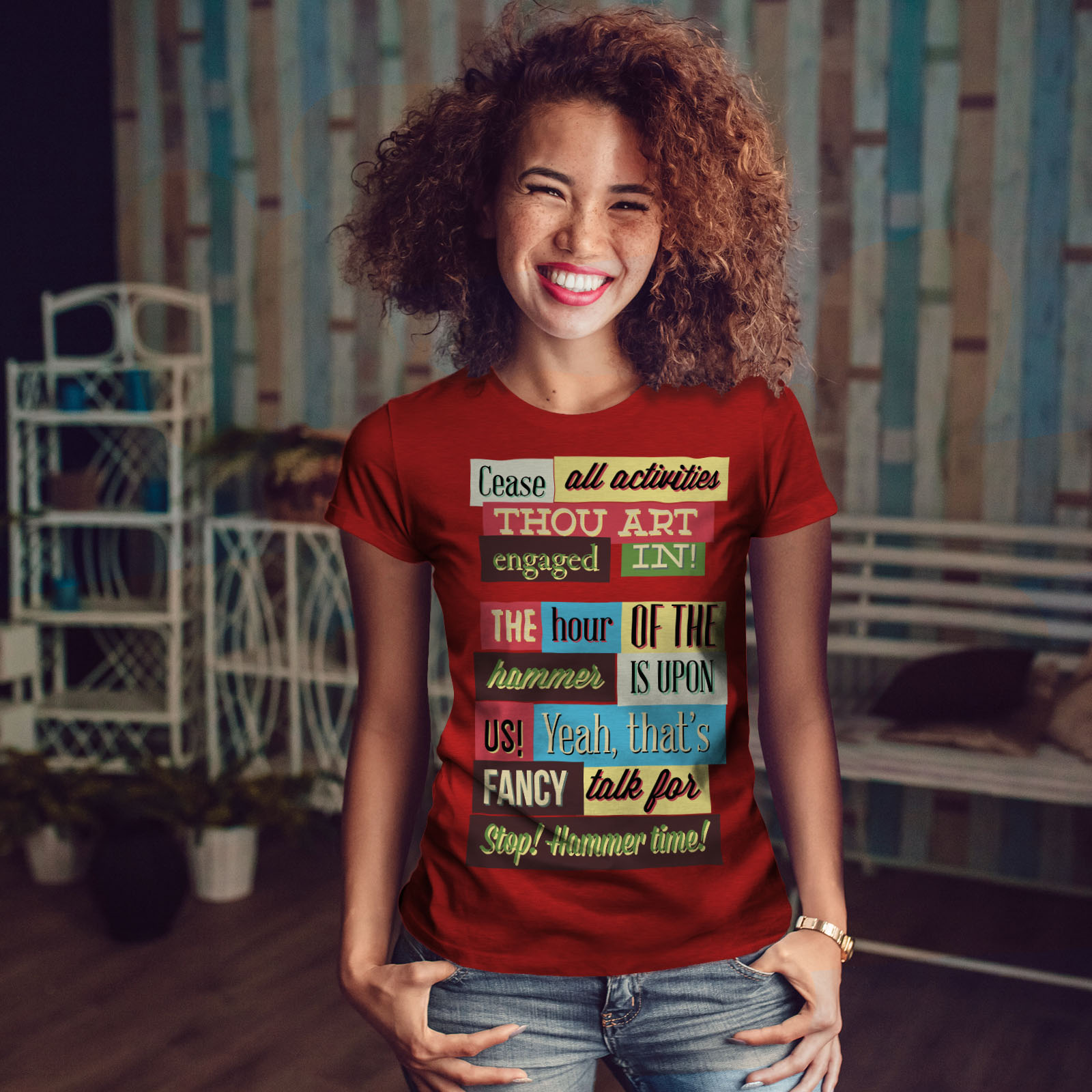Wellcoda Marteau Temps Slogan T-shirt femme Unique Casual Design Imprimé Tee
