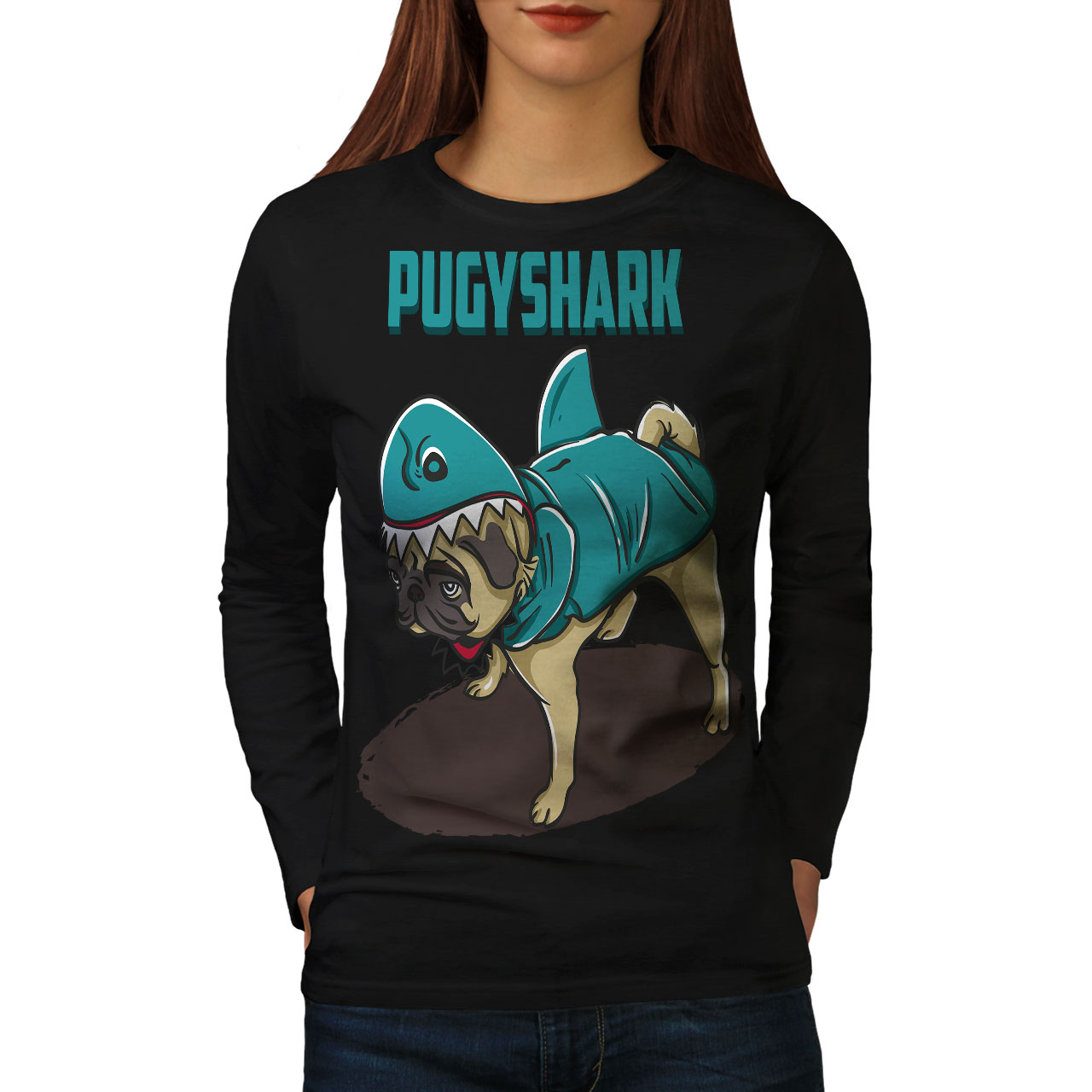 Pug Shark Women Long Sleeve T-shirt NEWWellcoda