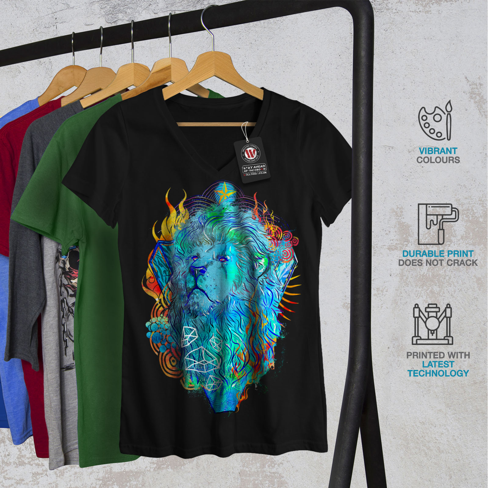 conception graphique Tee Wellcoda Lion Creative Art Animal Femme T-Shirt Col V Sauvage