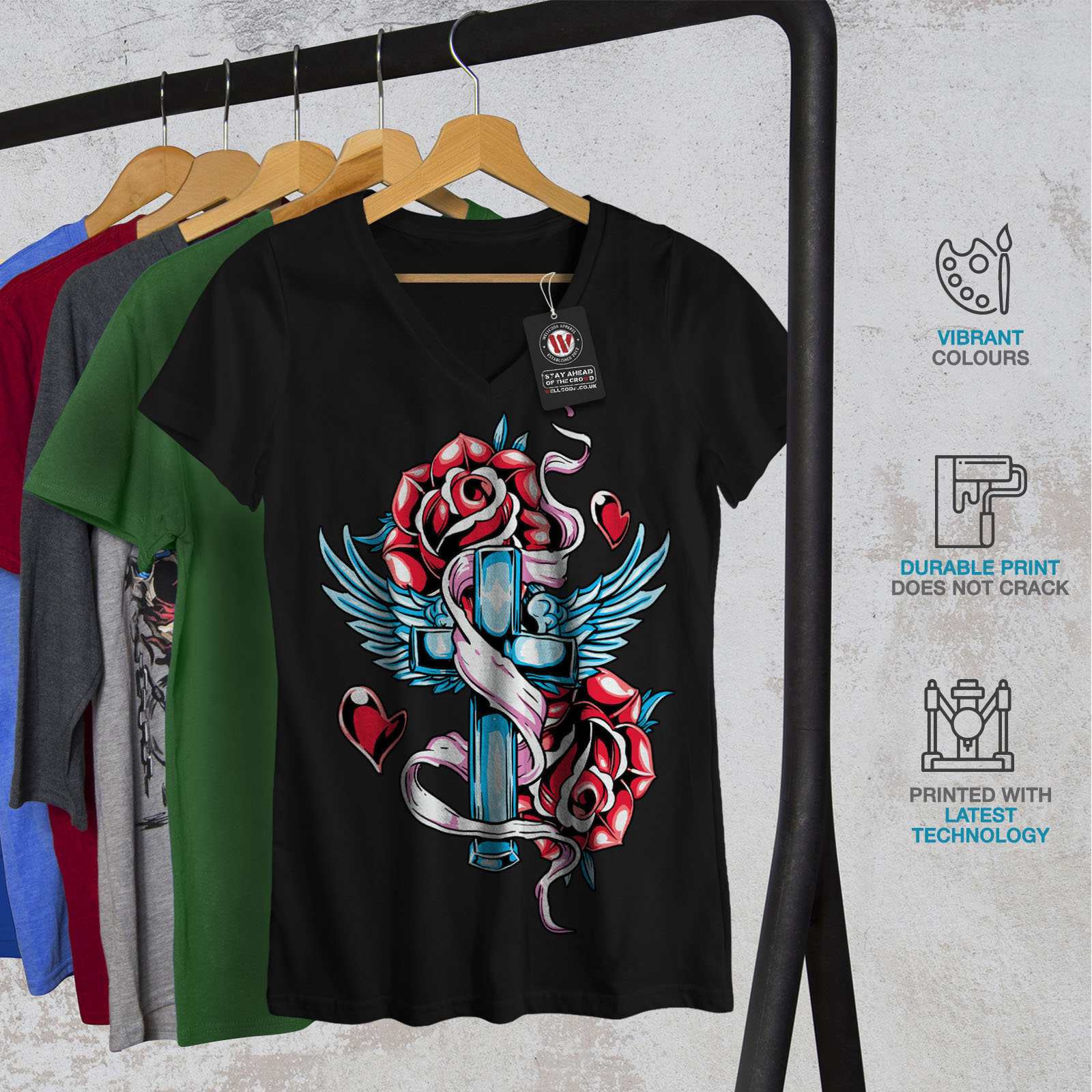 Love Cross Angel Rose donna V-Neck T-shirt Nuovewellcoda