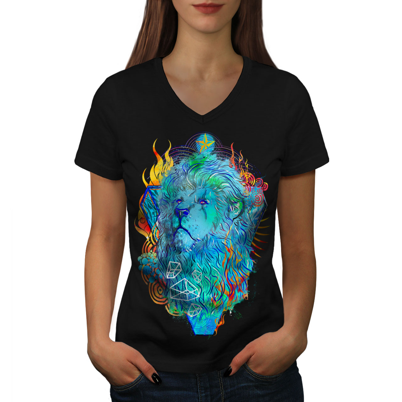 conception graphique Tee Wellcoda Lion Creative Art Animal Femme T-Shirt Col V Sauvage