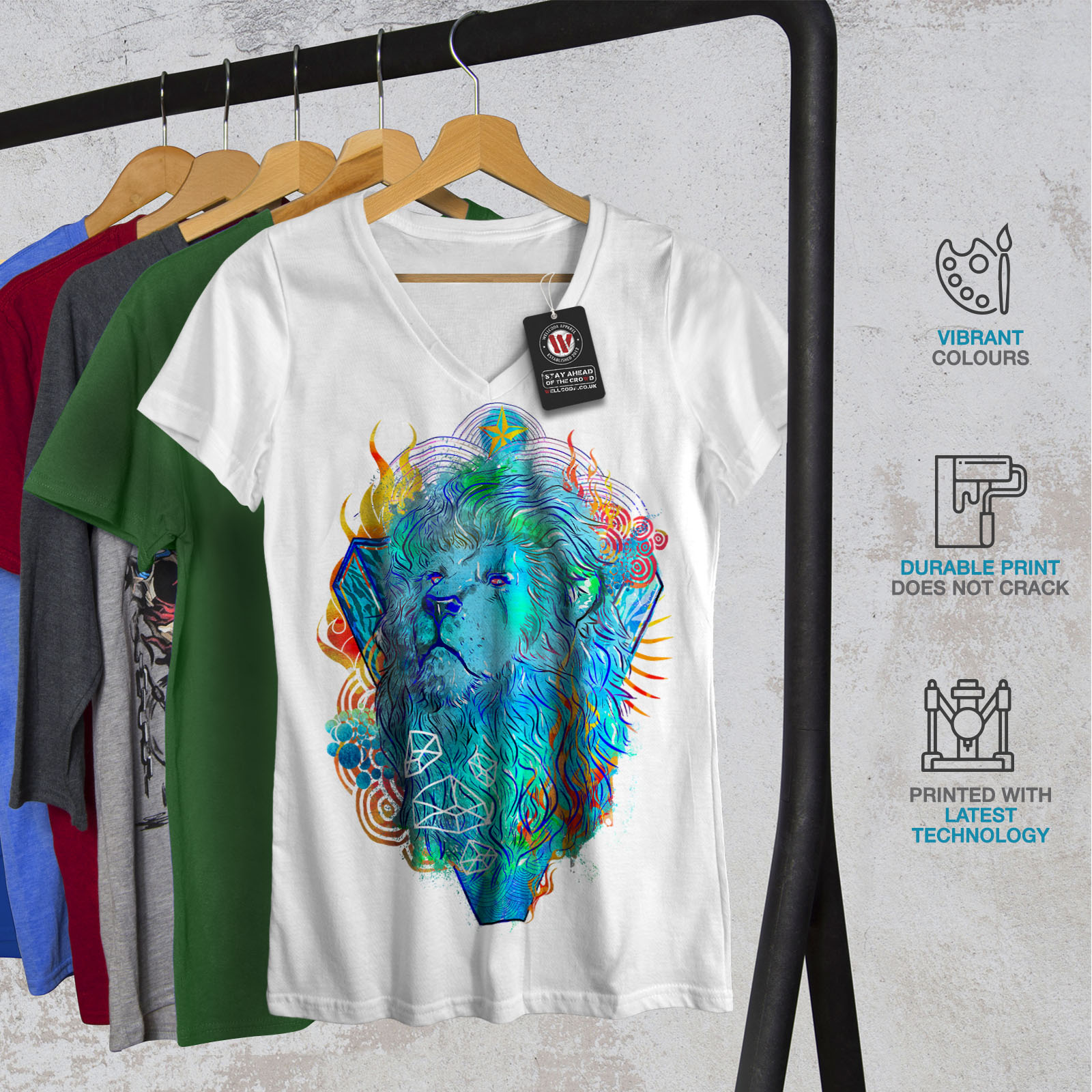 conception graphique Tee Wellcoda Lion Creative Art Animal Femme T-Shirt Col V Sauvage