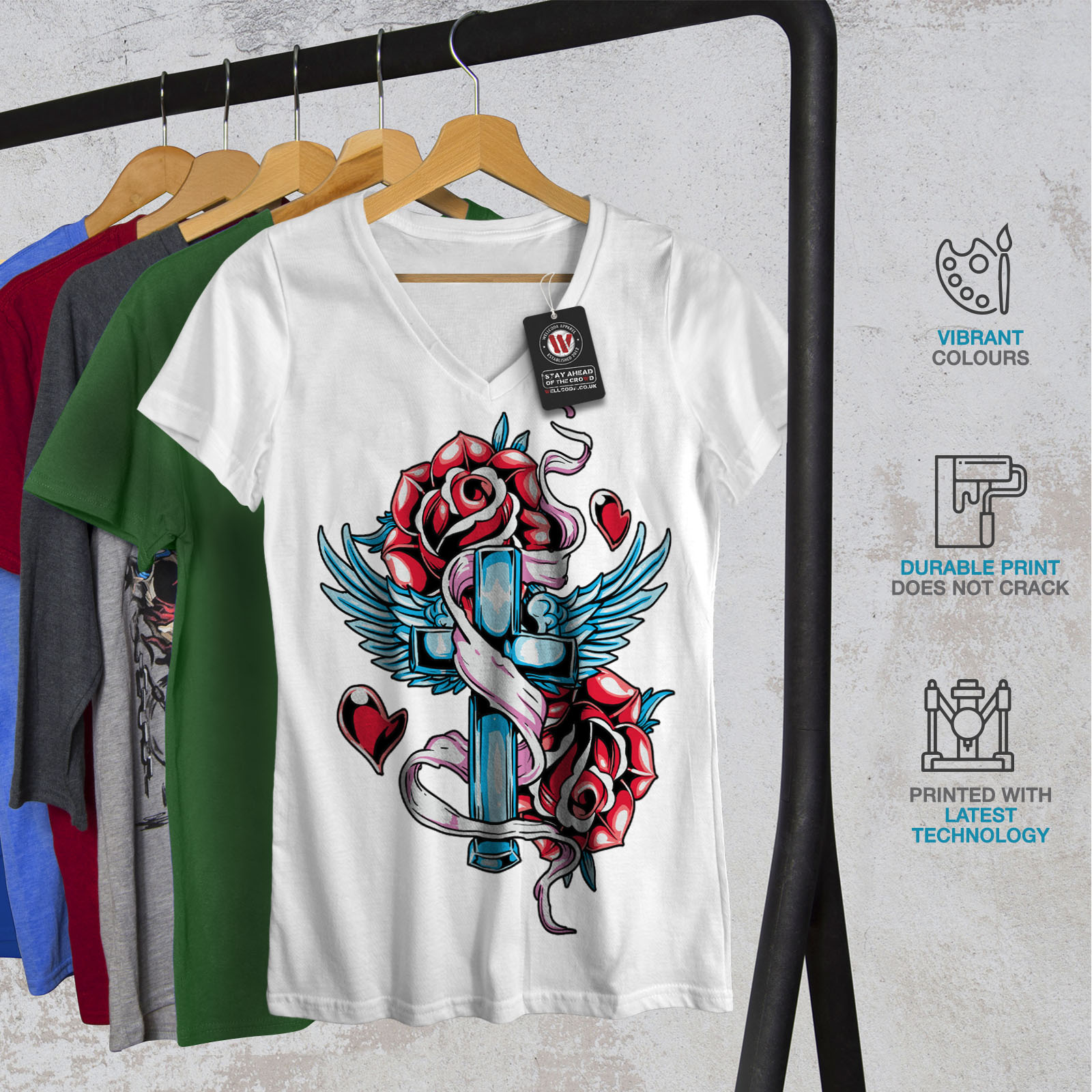 Love Cross Angel Rose donna V-Neck T-shirt Nuovewellcoda