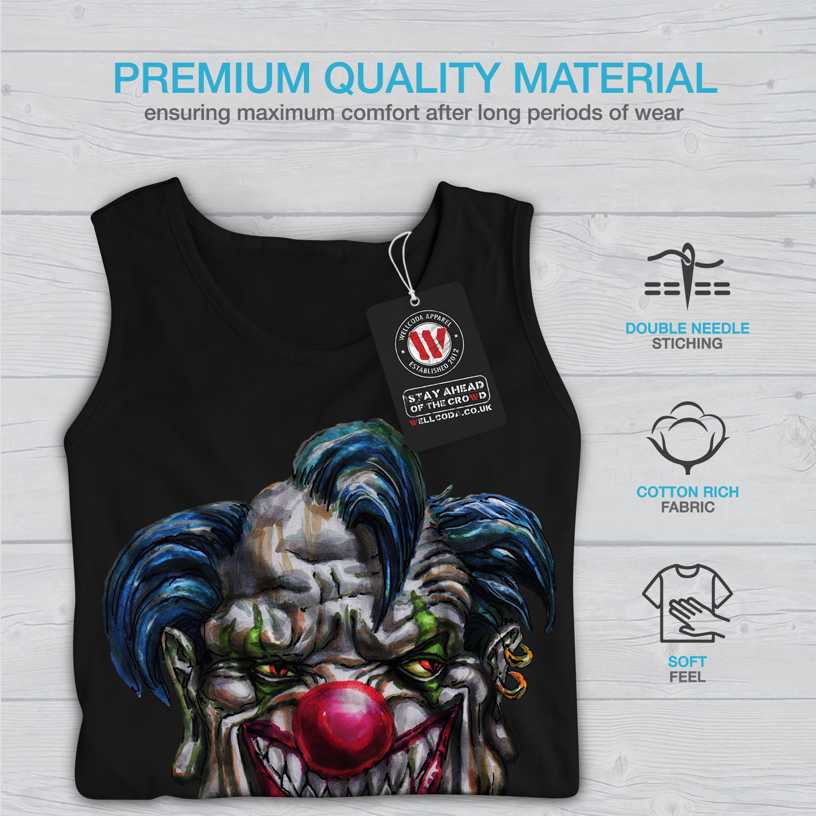 Wellcoda malvagio MOSTRO Clown Da Uomo Canotta Spaventoso Camicia di Sport Attivo