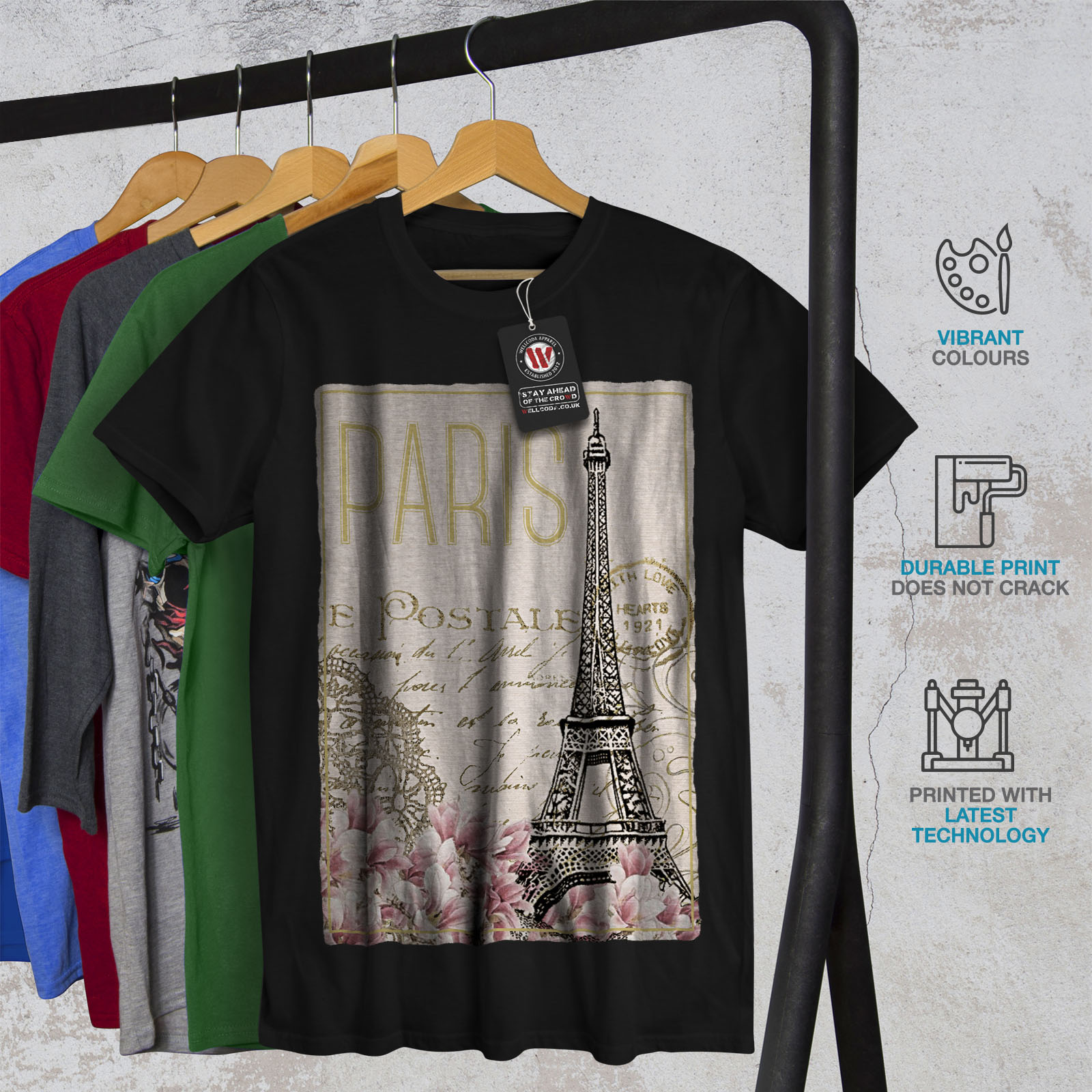 Wellcoda Paris Postcard Mens T-shirt Capital Graphic Design Printed Tee