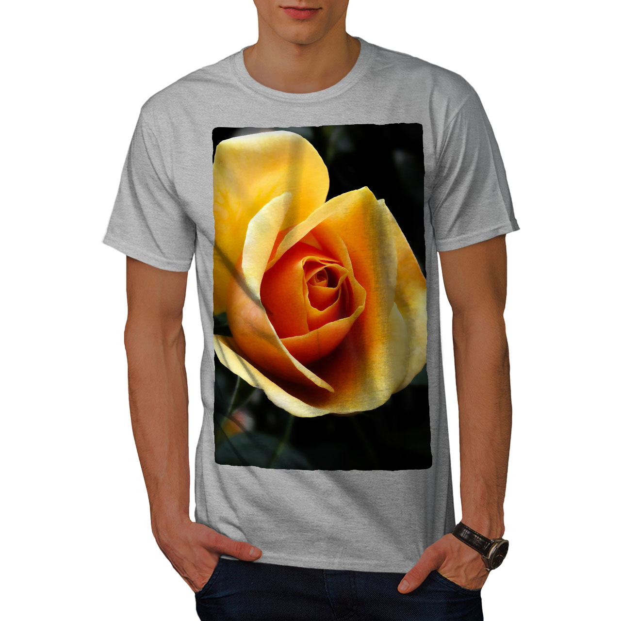 Wellcoda Yellow Rose Photo Mens T-shirt Flower Graphic Design Printed Tee