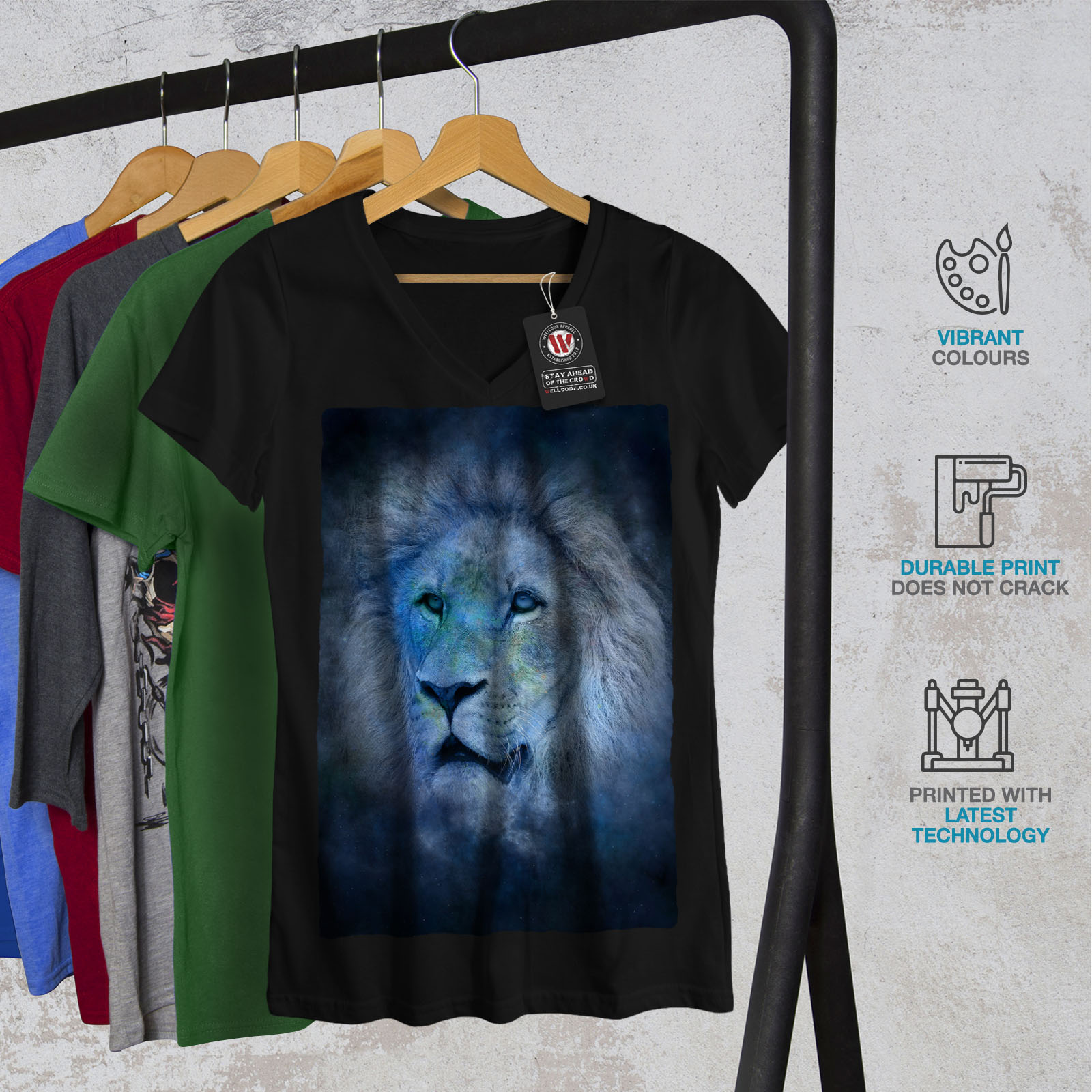 Wellcoda Lion Cat Face Art Womens V-Neck T-shirt Ruler Graphic Design Tee
