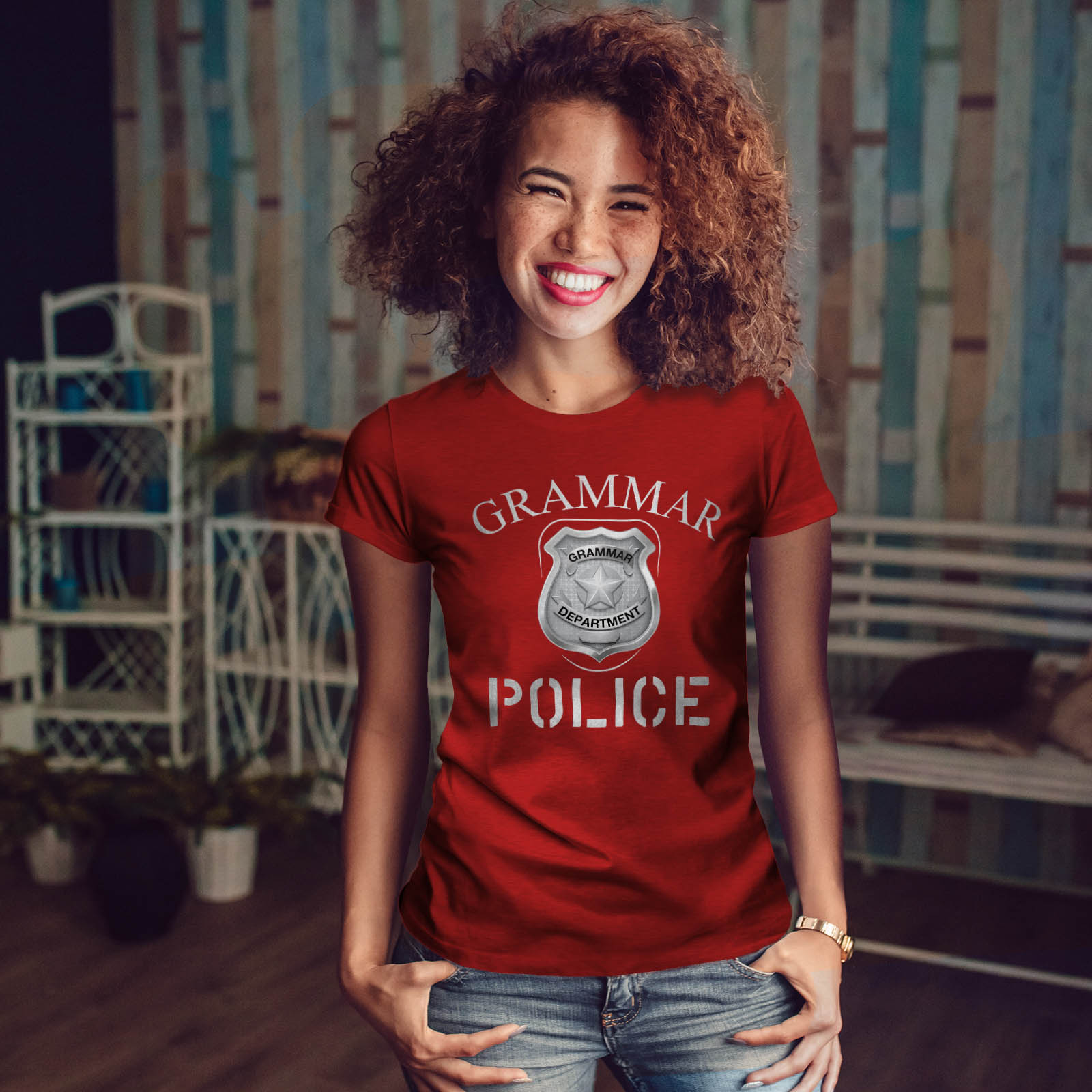 Funny Casual Design Printed Tee Wellcoda Grammar Police Badge Womens T-shirt
