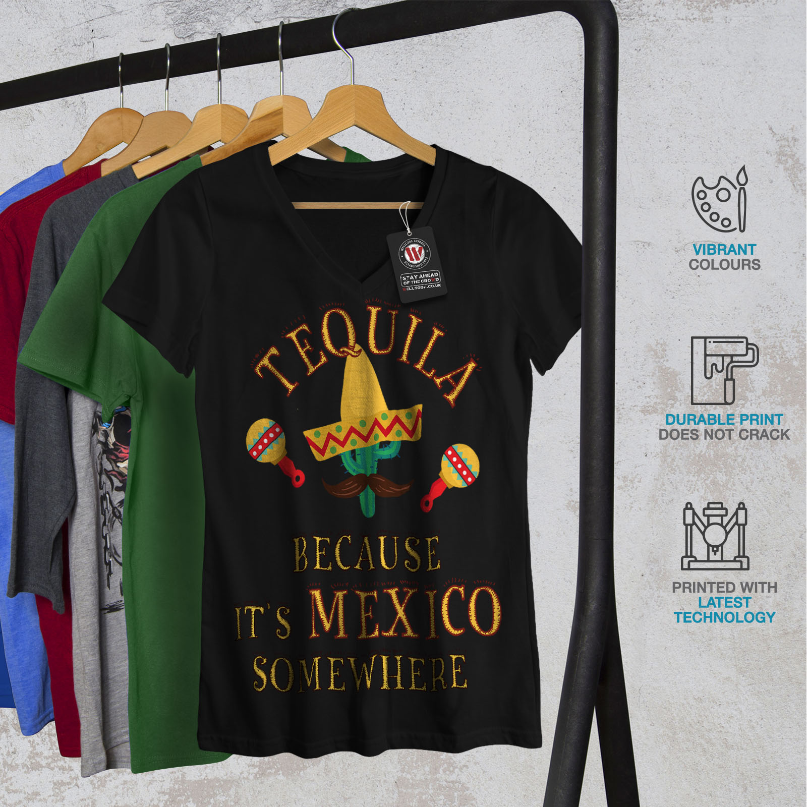 Wellcoda Tequila México Cactus Mujer Cuello en V T-Shirt Tee bebida Diseño Gráfico