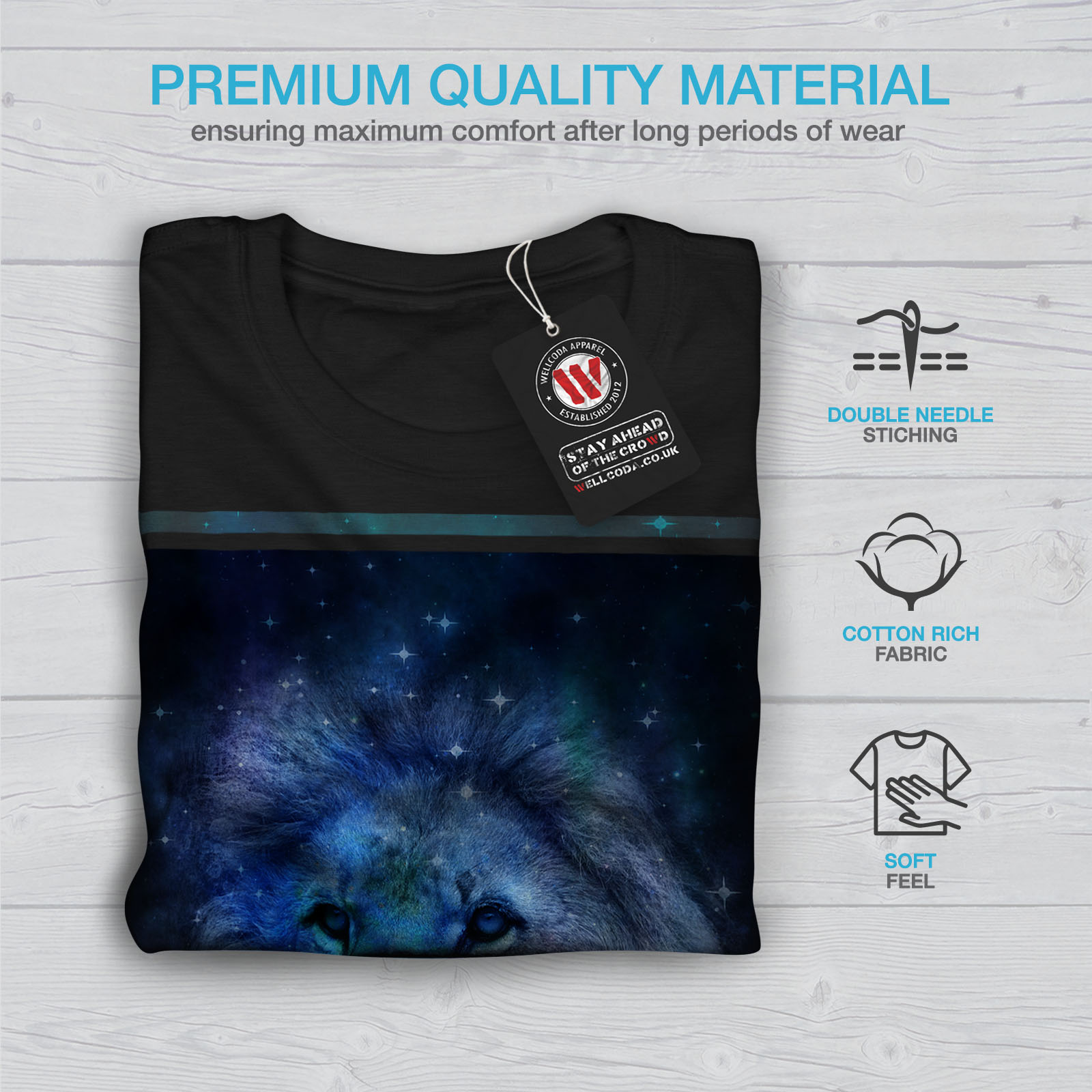 Wellcoda Sky León Cara Luna Hombre Camiseta Camiseta Impresa Diseño Gráfico de sueño