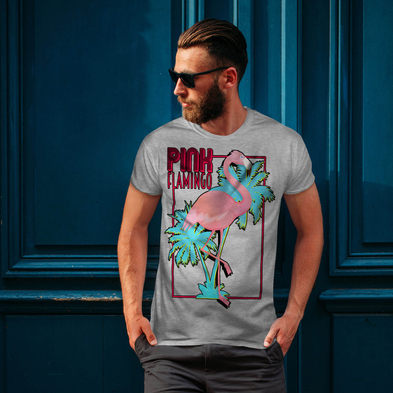 Tropical Graphic Design Printed Tee Wellcoda Pink Flamingo Island Mens T-shirt