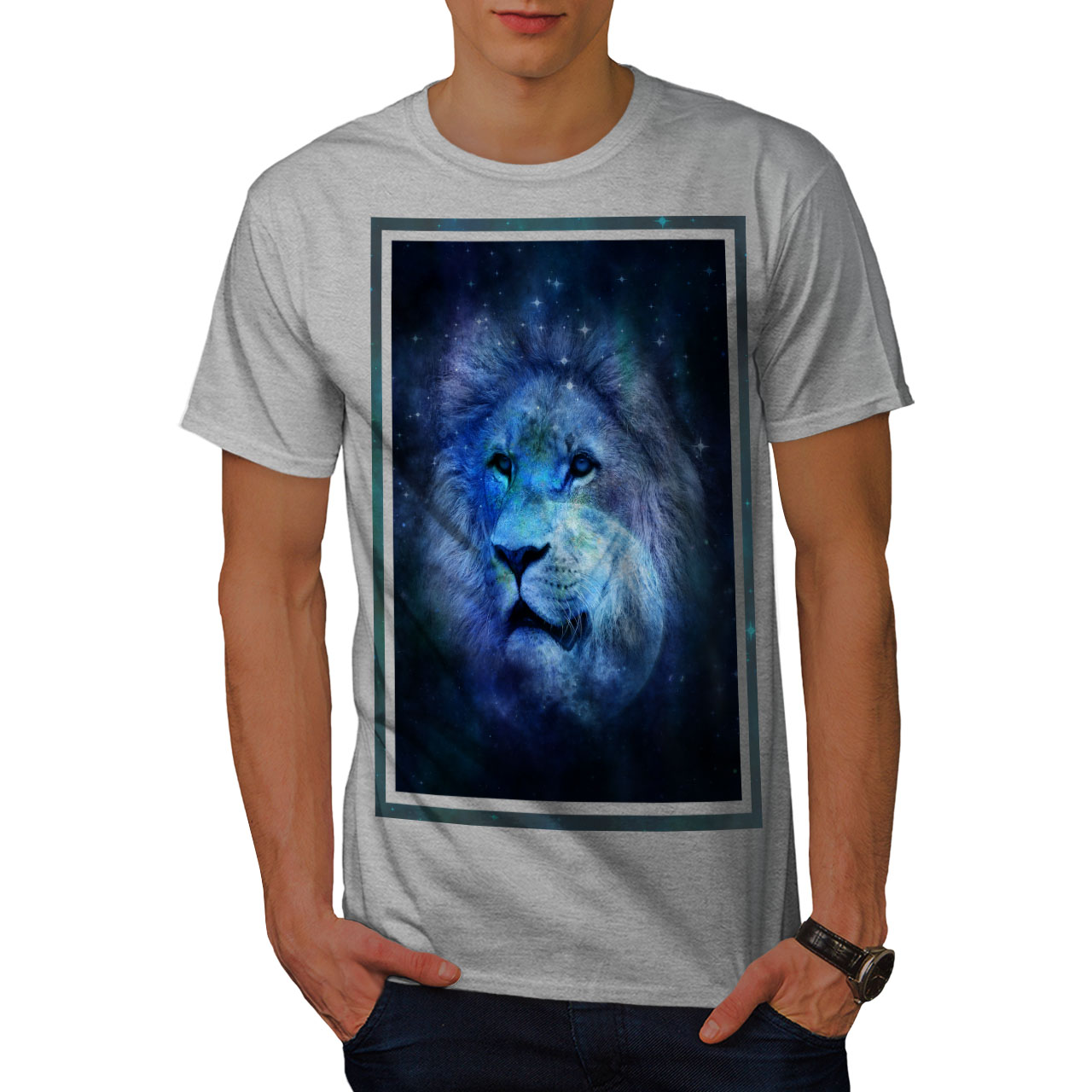 Wellcoda Sky León Cara Luna Hombre Camiseta Camiseta Impresa Diseño Gráfico de sueño