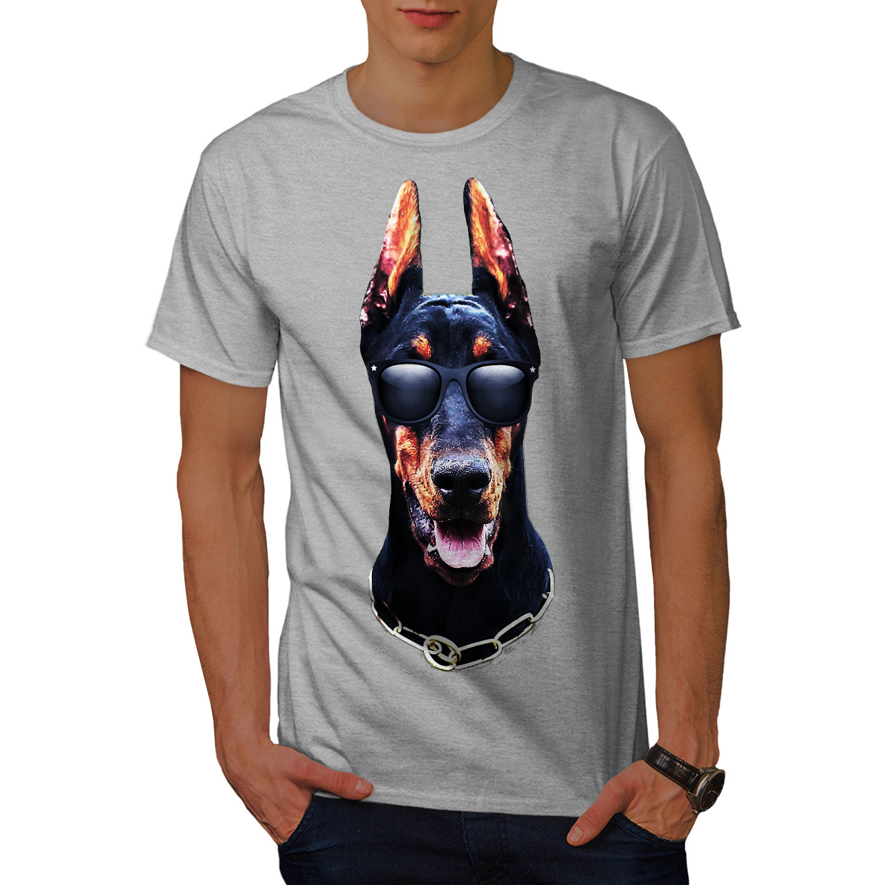 Animale Design Grafico Stampato T-shirt Wellcoda DOBERMANN ANIMALI Cool Da Uomo T-shirt