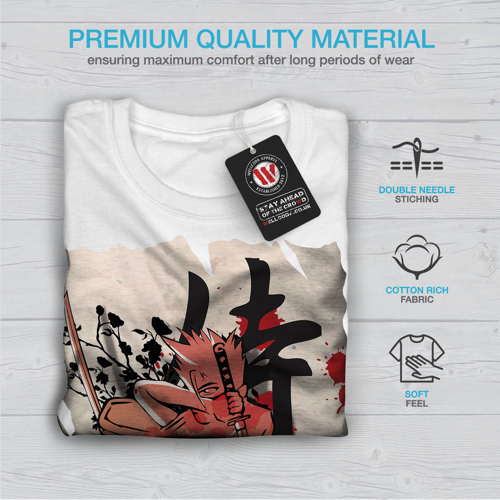 ANIME design grafico stampato T-shirt Wellcoda Fantasy Giappone Samurai Da Uomo T-shirt