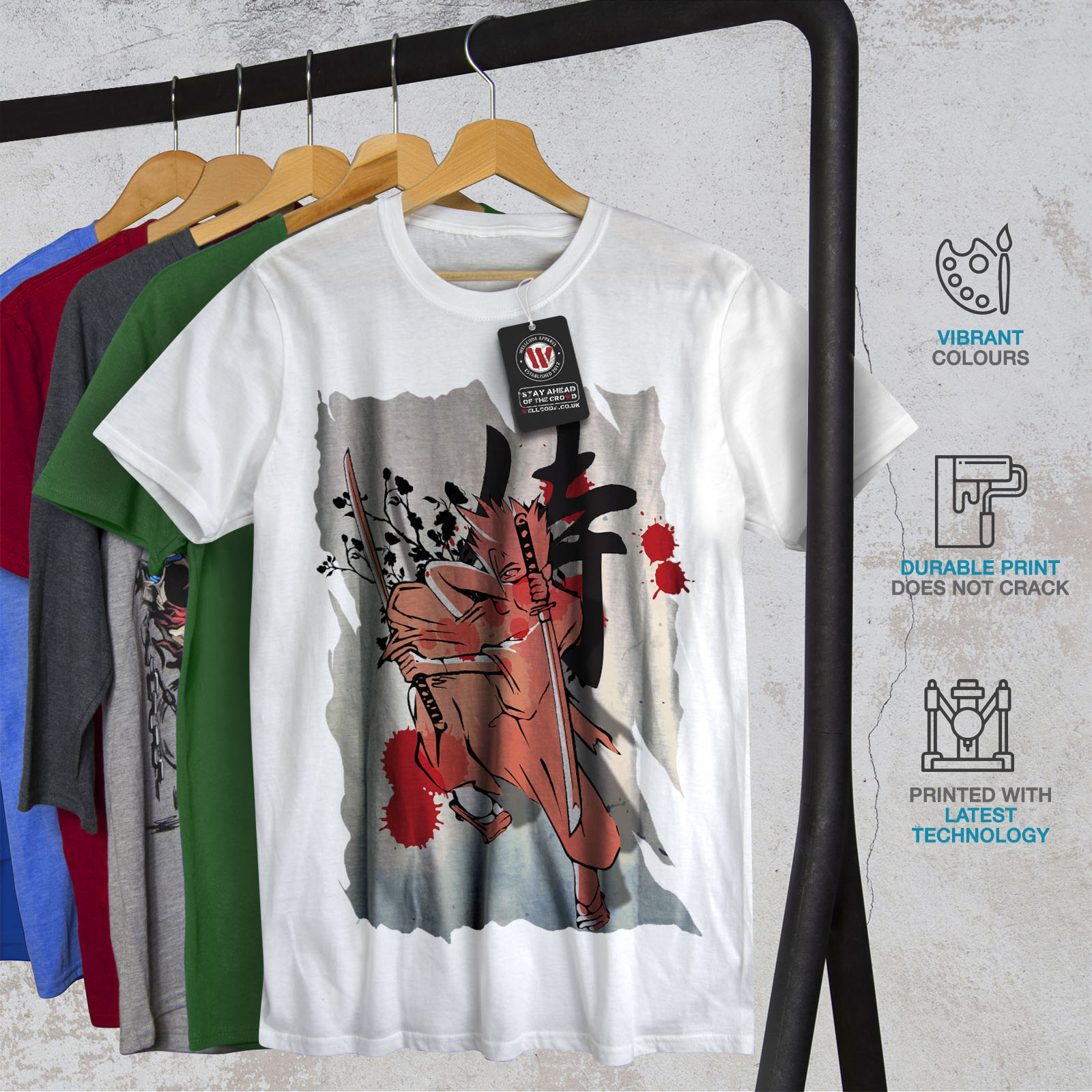 ANIME design grafico stampato T-shirt Wellcoda Fantasy Giappone Samurai Da Uomo T-shirt