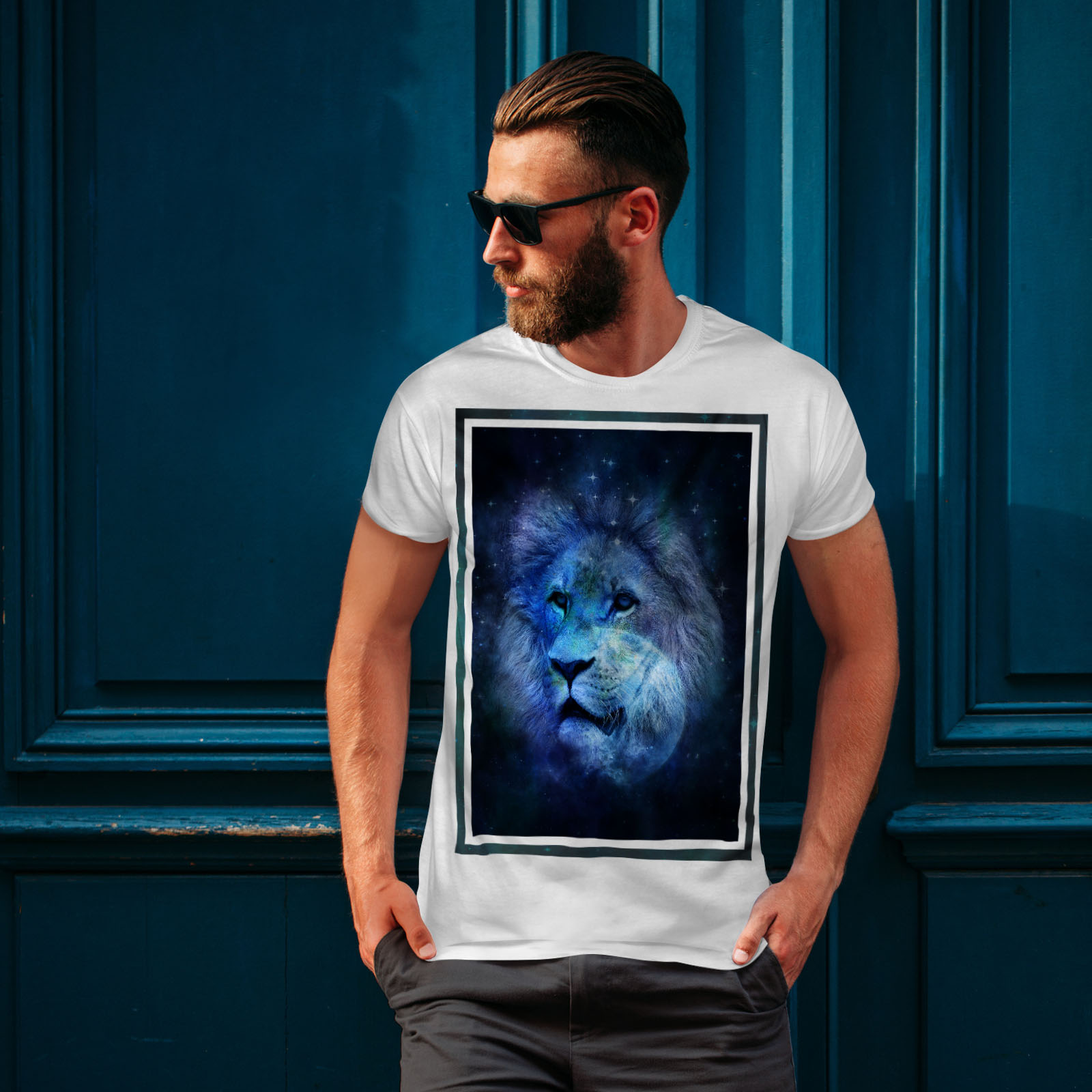 Wellcoda Sky León Cara Luna Hombre Camiseta Camiseta Impresa Diseño Gráfico de sueño