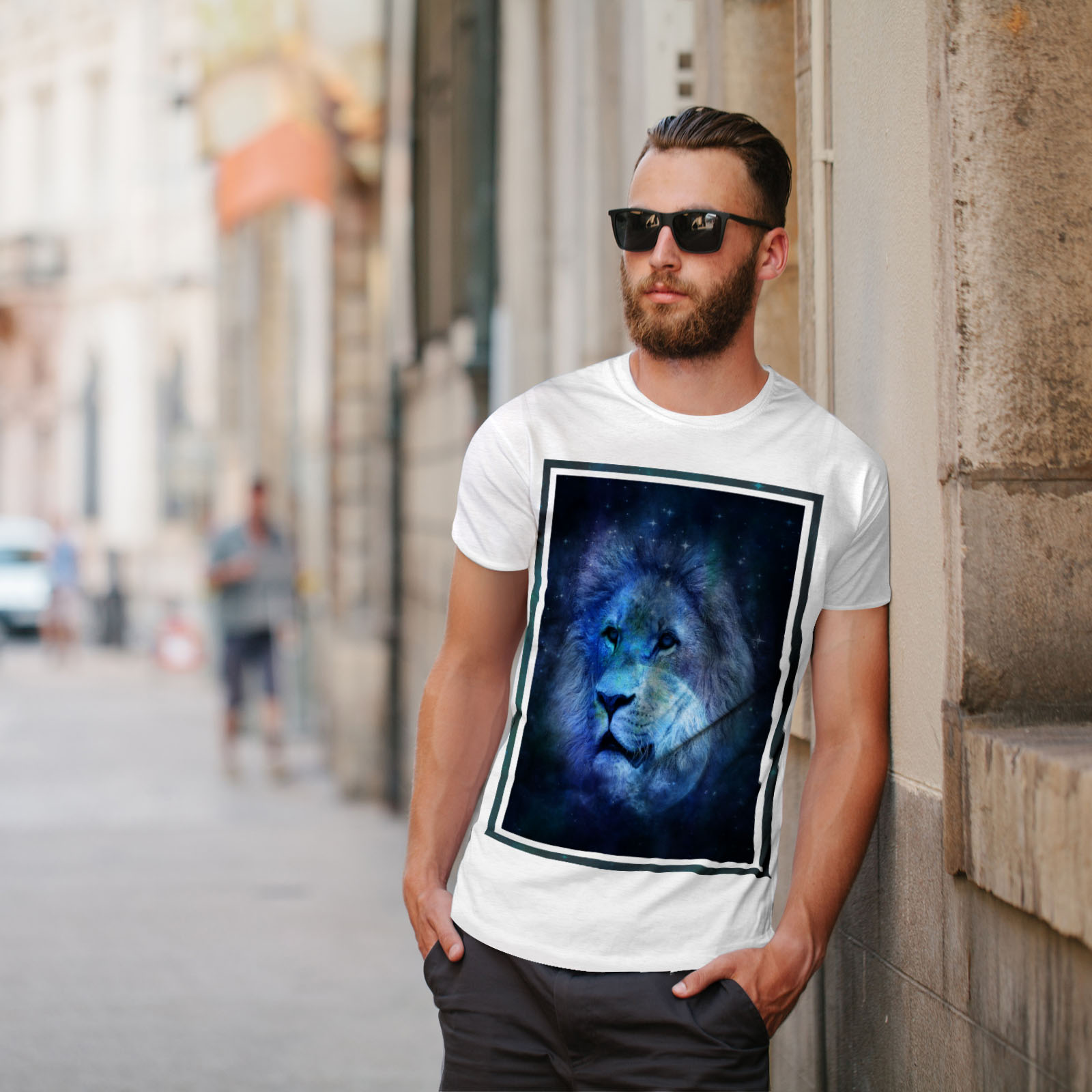 Wellcoda Sky León Cara Luna Hombre Camiseta Camiseta Impresa Diseño Gráfico de sueño
