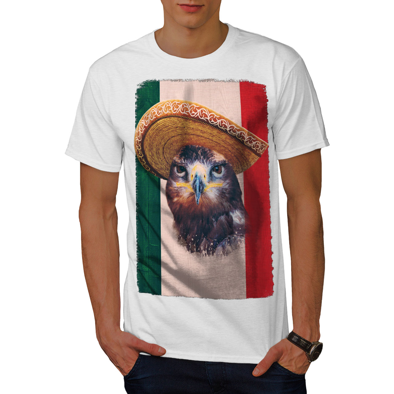 Wellcoda Eagle Bird Sombrero Mens T-shirt Mexico Graphic Design Printed Tee 