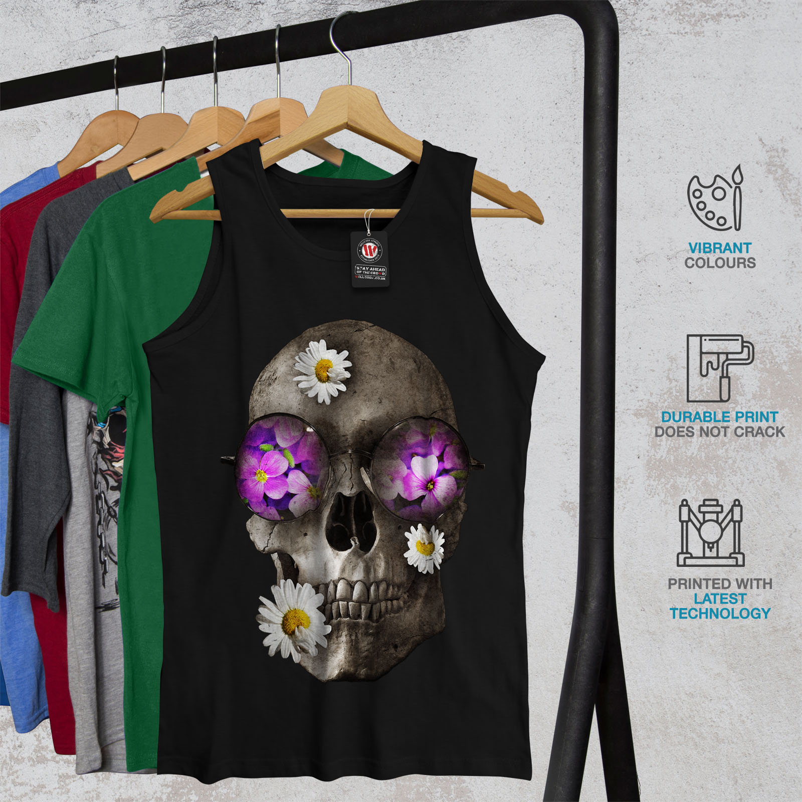 Acid Active Sports Shirt Details about / Wellcoda Skull Flowers Head Mens Tank Top
