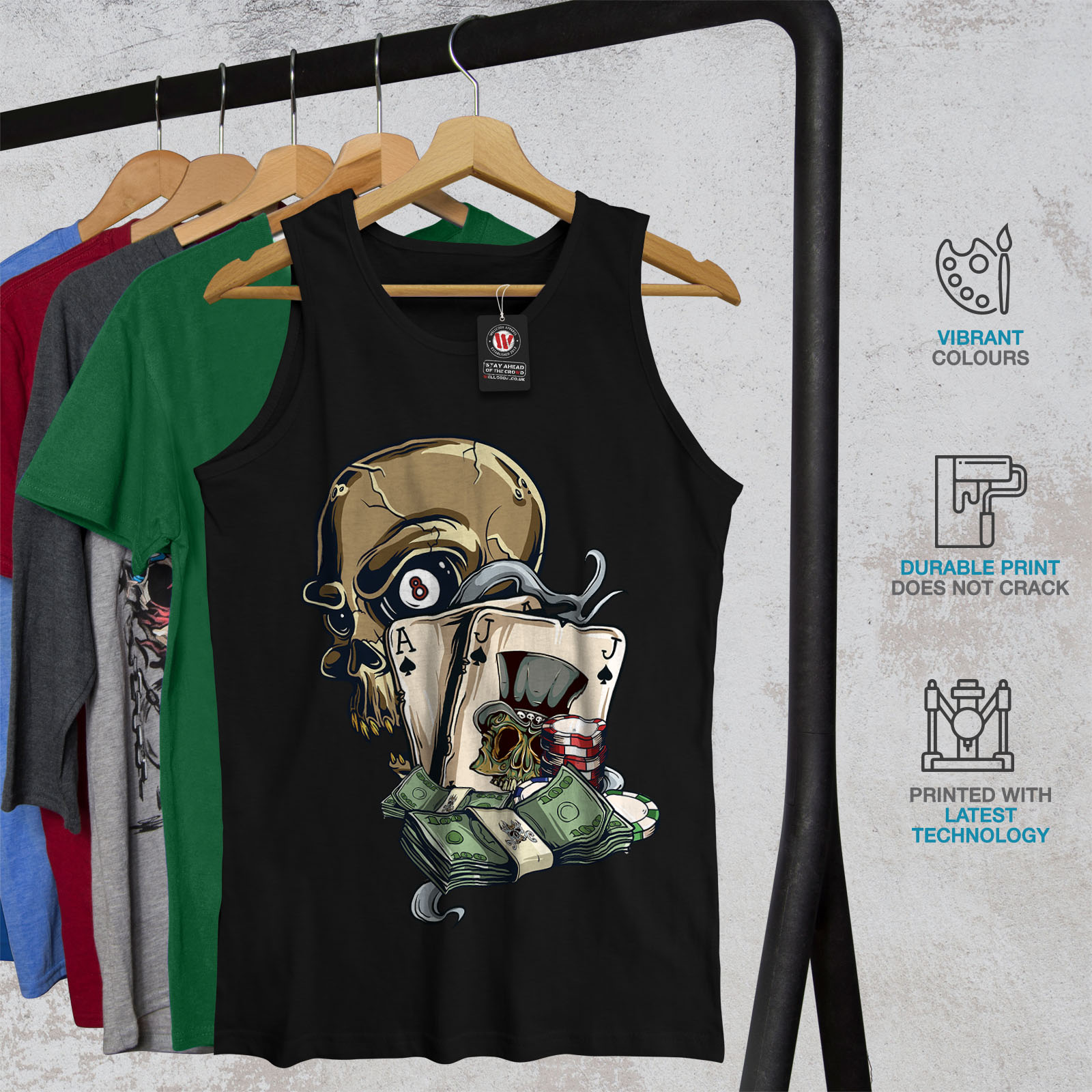 jouer Gamble Active Sports Shirt Wellcoda Crâne Poker Card Homme Tank Top