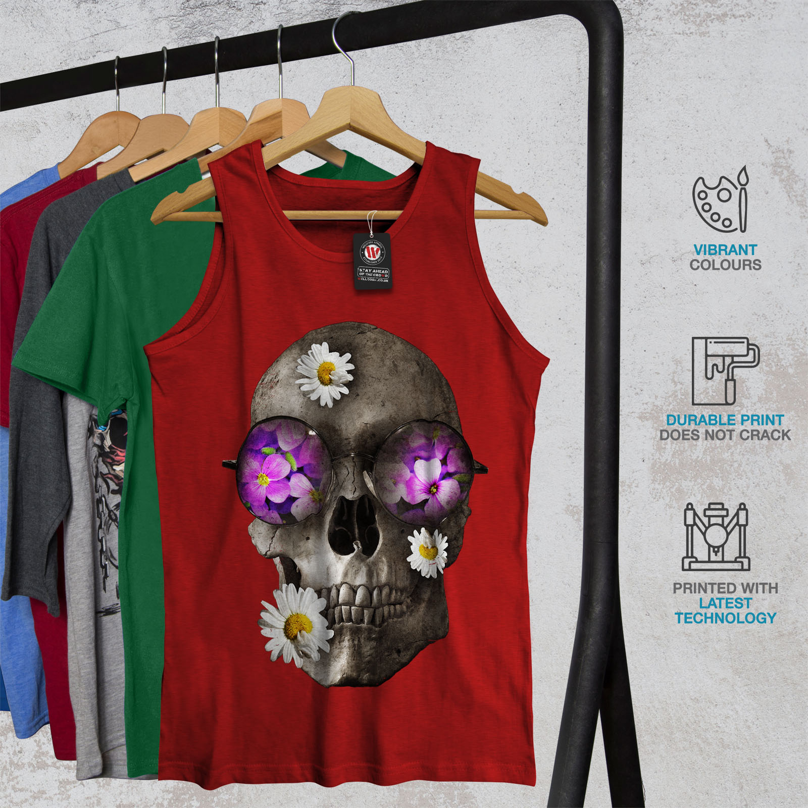 Acid Active Sports Shirt Details about / Wellcoda Skull Flowers Head Mens Tank Top