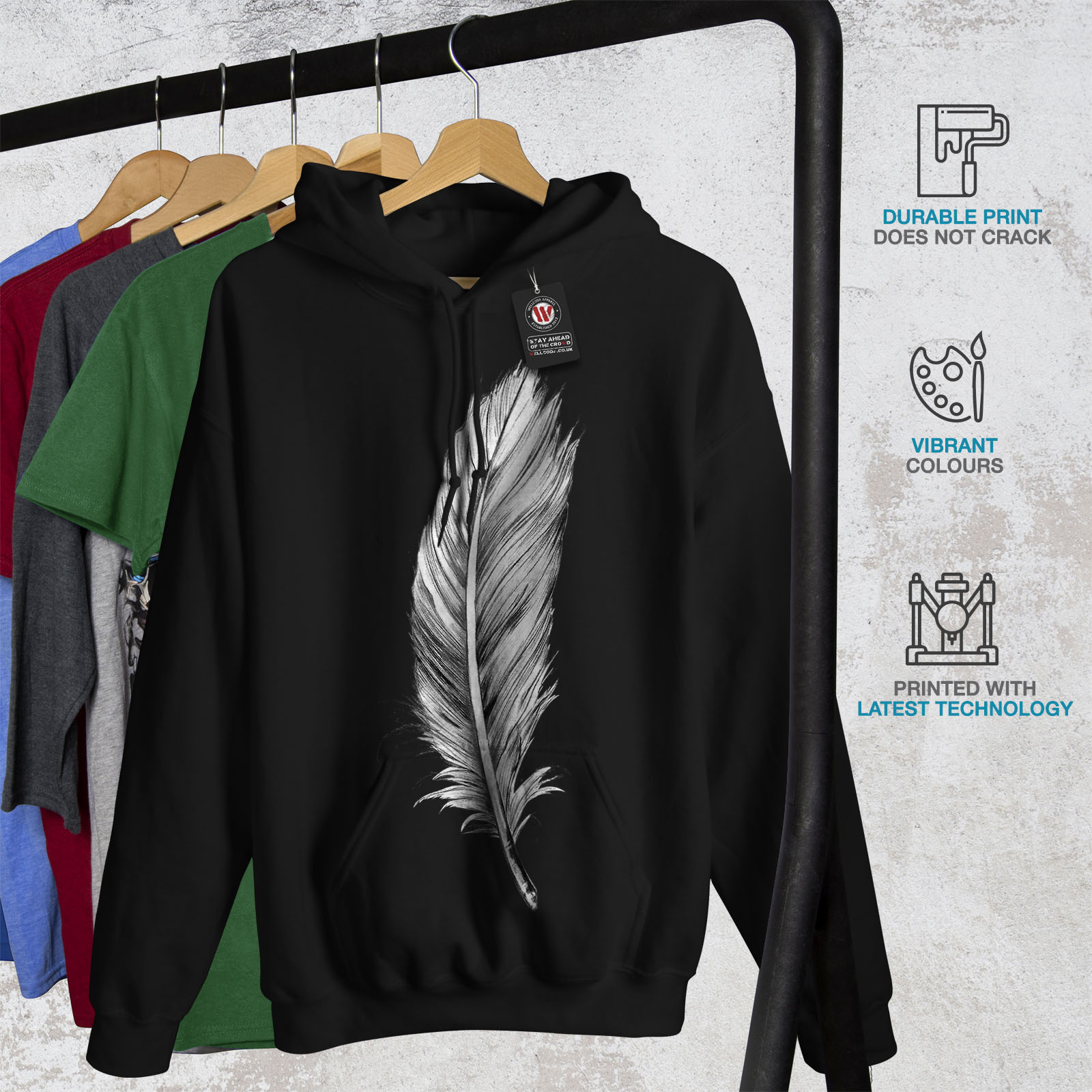 Painting Casual Hooded Sweatshirt Wellcoda Elegant Feather Womens Hoodie