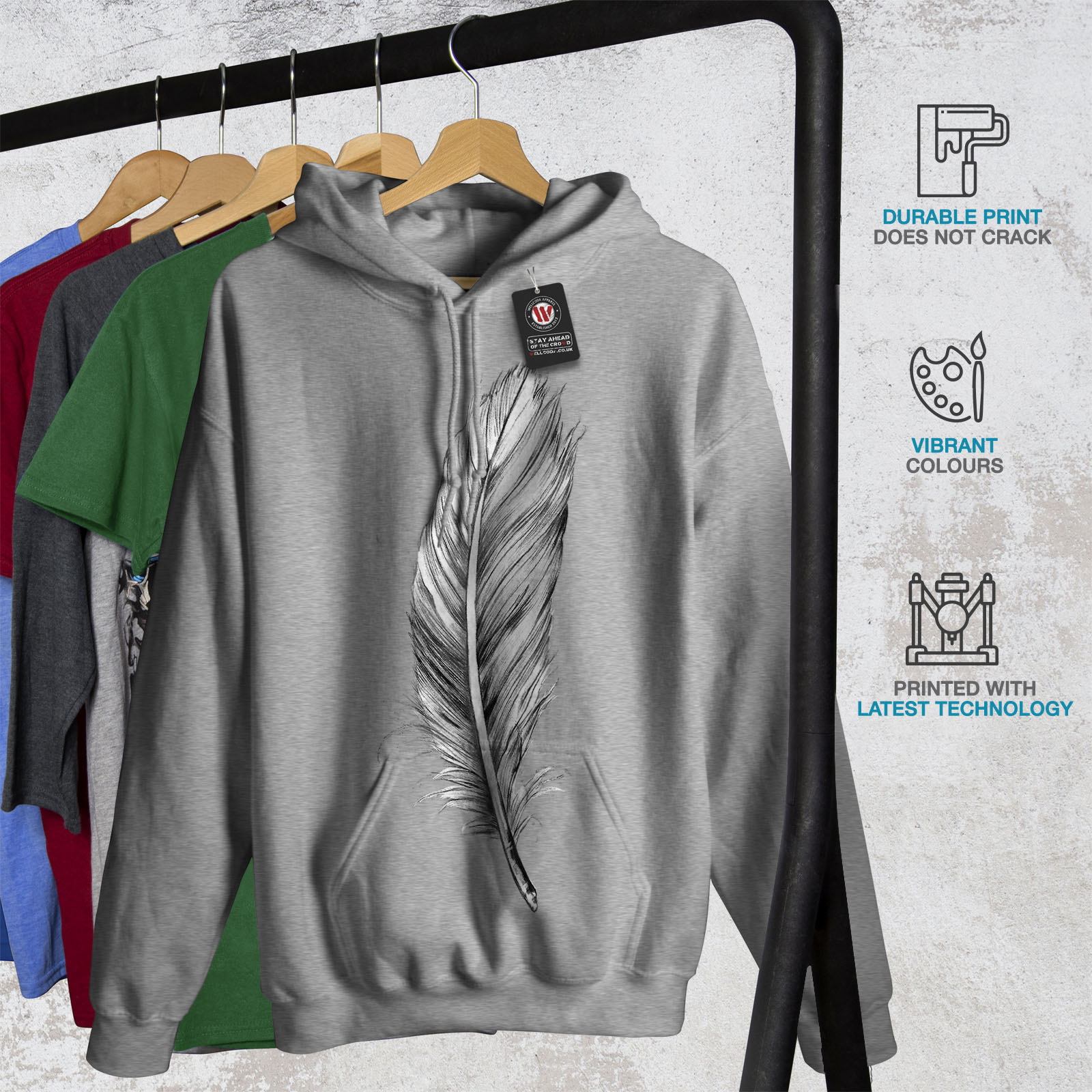 Painting Casual Hooded Sweatshirt Wellcoda Elegant Feather Womens Hoodie