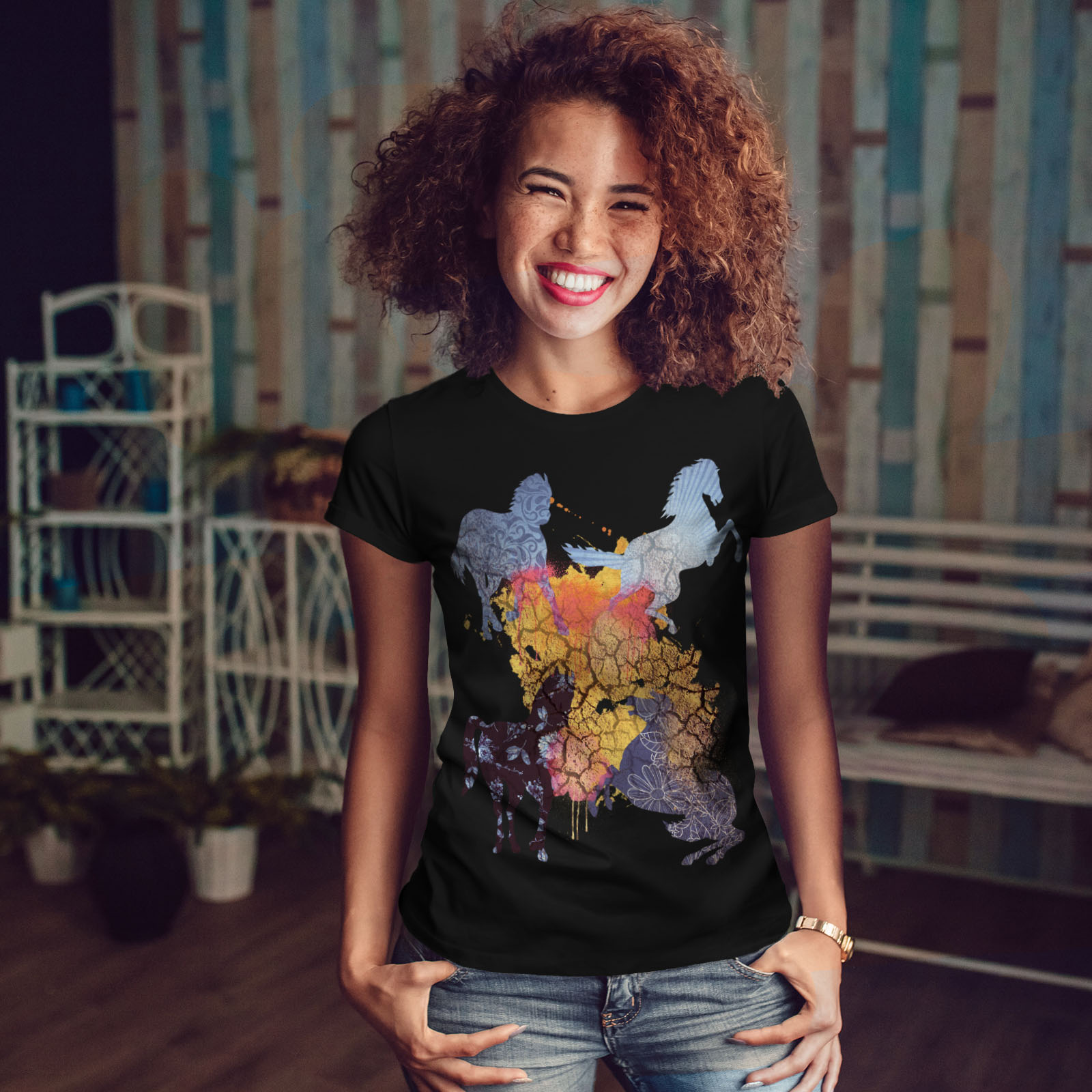 Animal Casual Design Printed Tee Wellcoda Horse Cool Animal Womens T-shirt