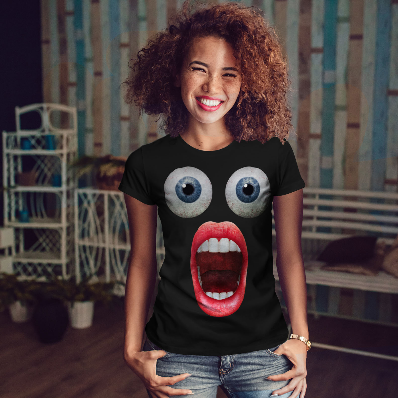 Wellcoda surprise Face Cool T-shirt femme Choquant Casual Design Imprimé Tee