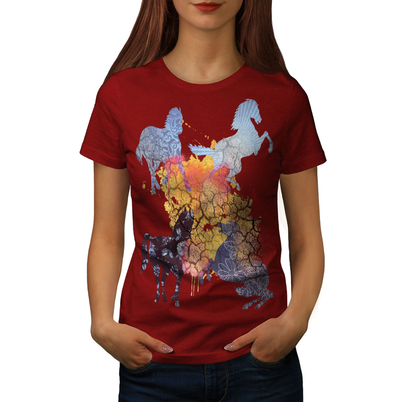 Animal Casual Design Printed Tee Wellcoda Horse Cool Animal Womens T-shirt