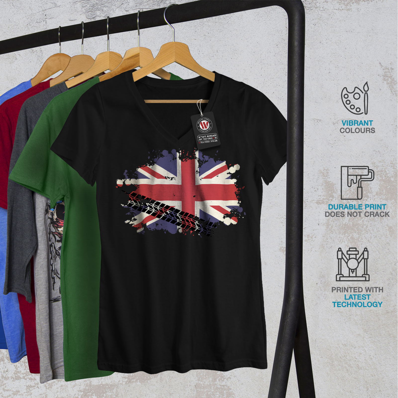 Britain Graphic Design Tee Wellcoda Union Jack Flag Womens V-Neck T-shirt