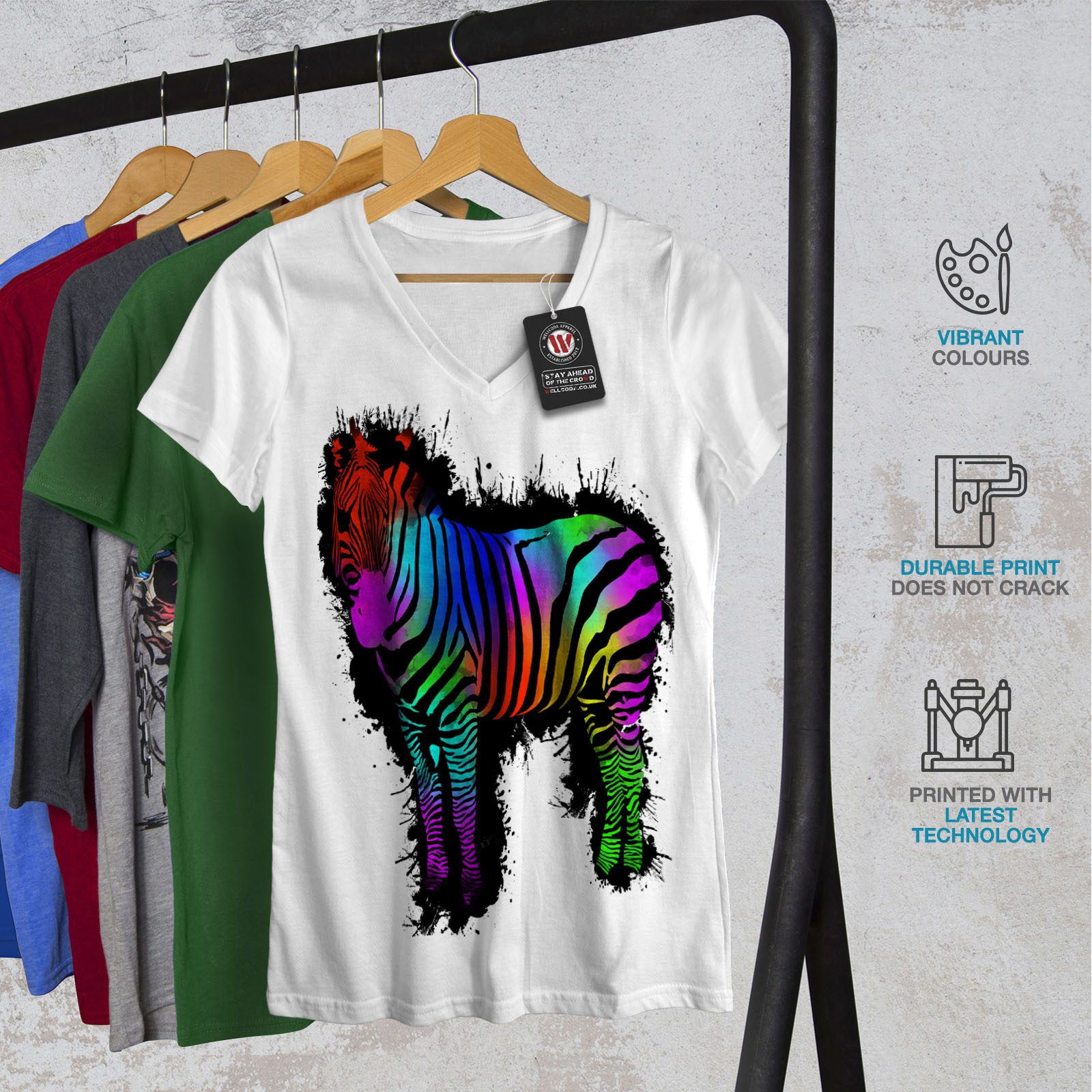 Color Graphic Design Tee Wellcoda Wild Rainbow Zebra Womens V-Neck T-shirt