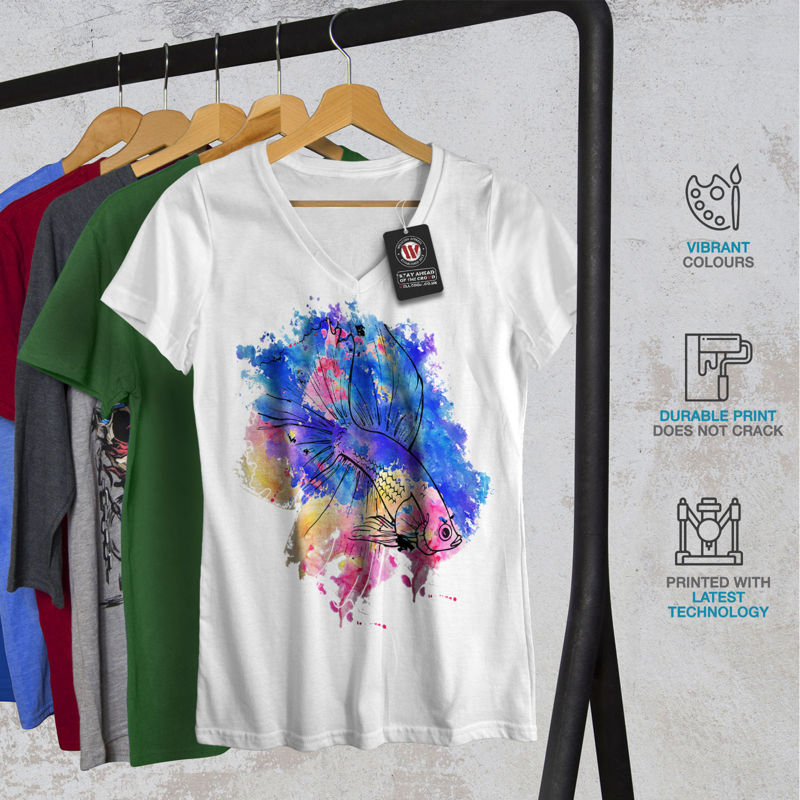 Wellcoda Animal Cool Poisson Femme T-Shirt col V couleur de conception graphique Tee