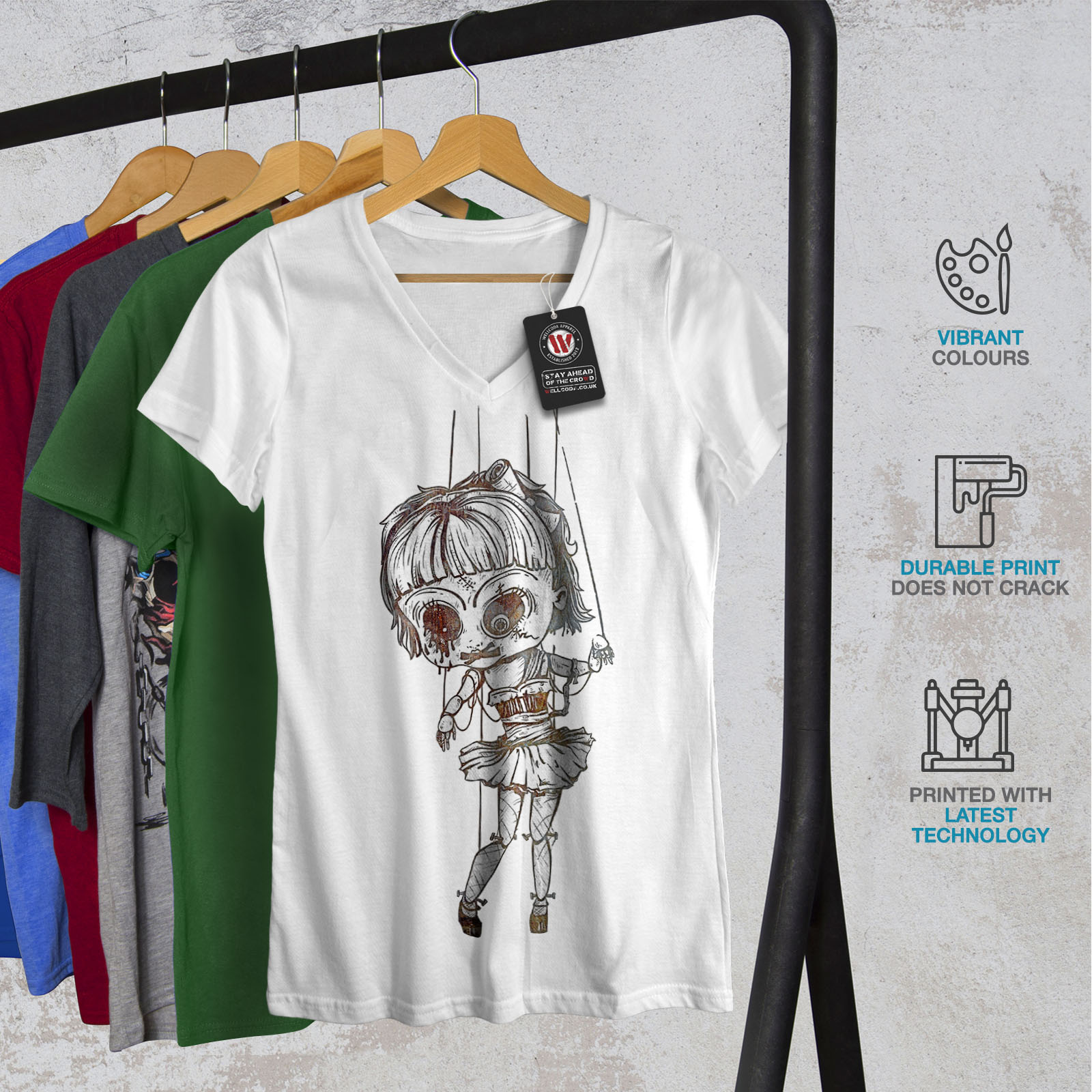 Wellcoda Undead Marionette Womens V-Neck T-shirt Creepy Graphic Design Tee