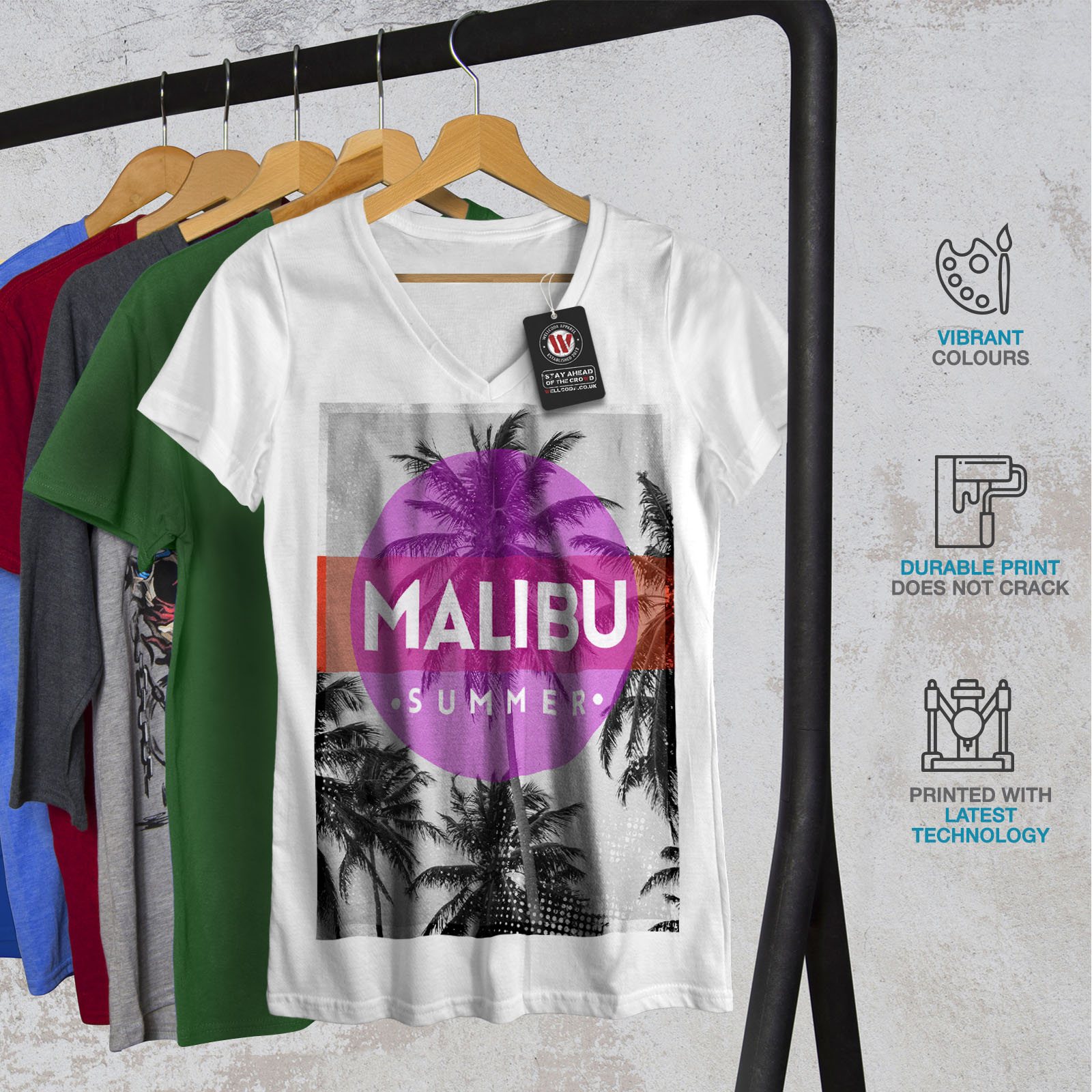 California Graphic Design Tee Wellcoda Malibu Summer Sun Womens V-Neck T-shirt