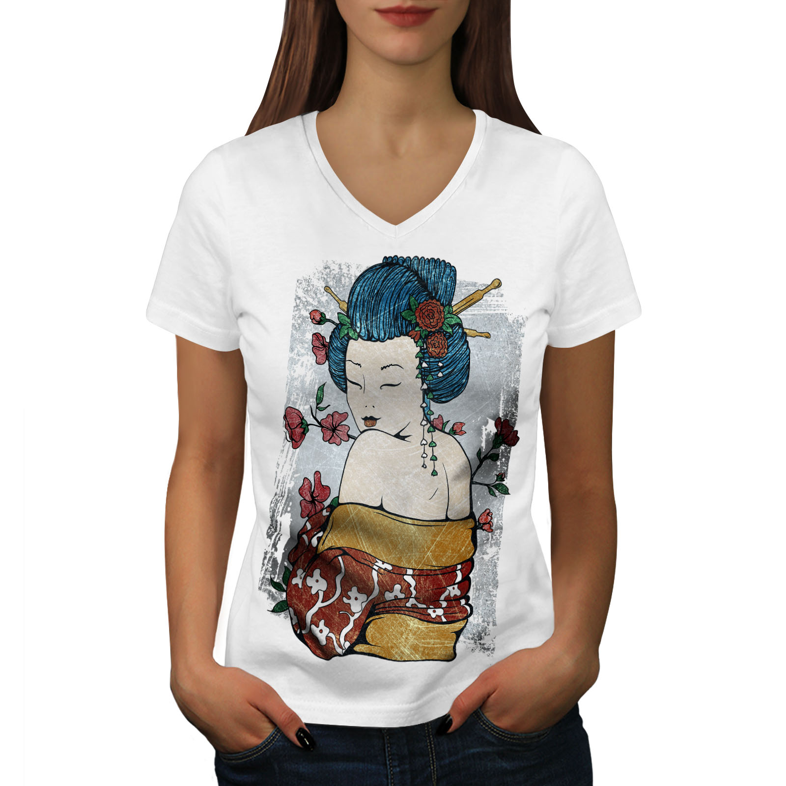 Oriental Graphic Design Tee Wellcoda Japan Woman Beauty Womens V-Neck T-shirt