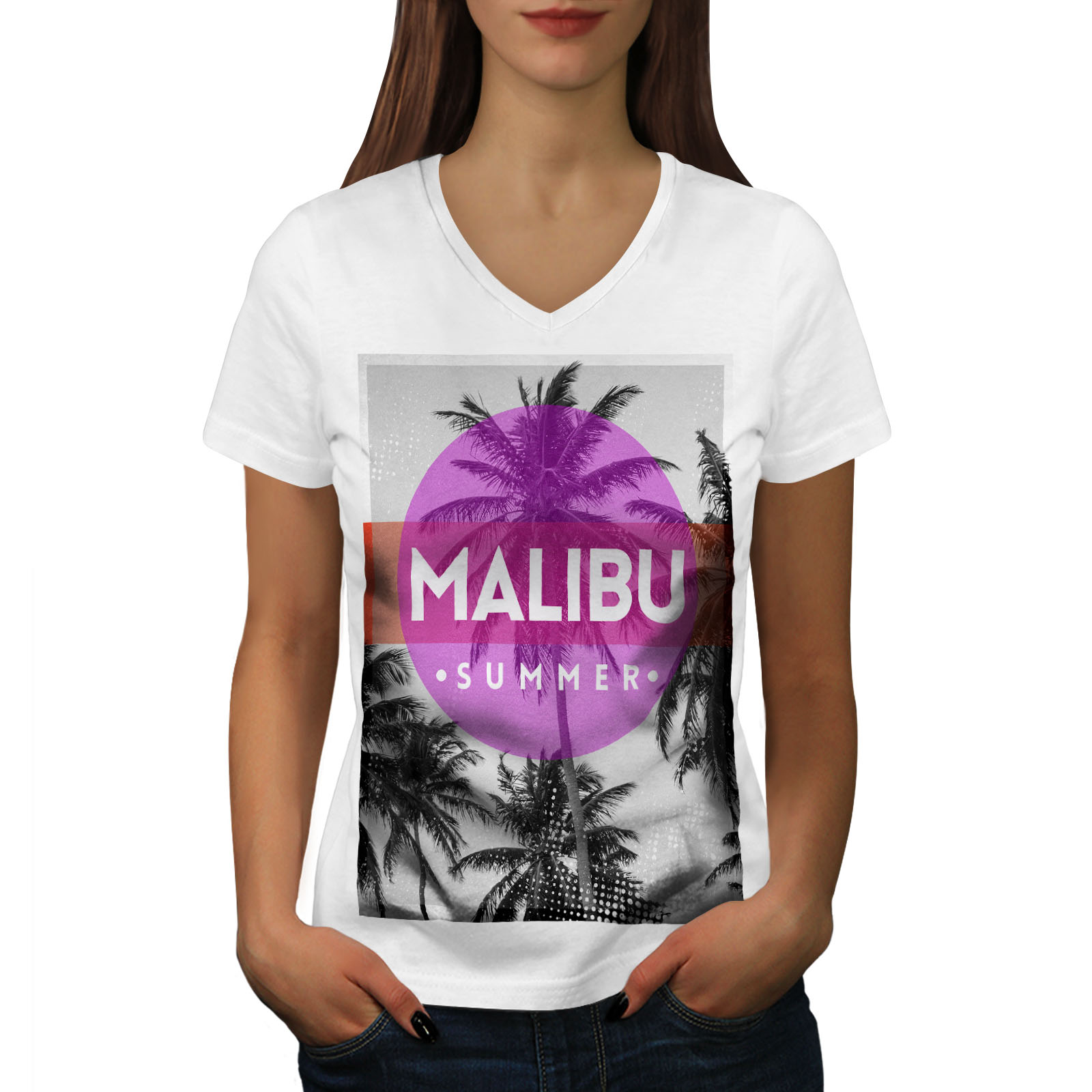 California Graphic Design Tee Wellcoda Malibu Summer Sun Womens V-Neck T-shirt