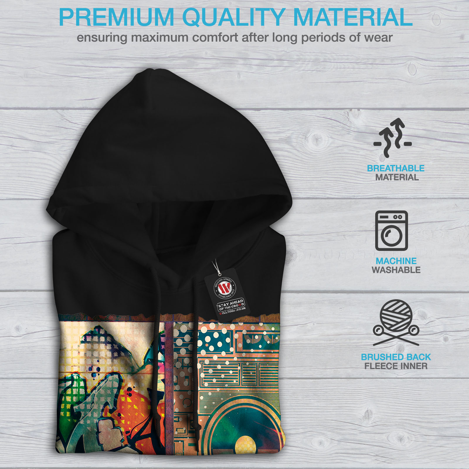 Casual Mens Felpa nera Wellcoda cappuccio con Felpa New cappuccio Art con IaazwqOnST