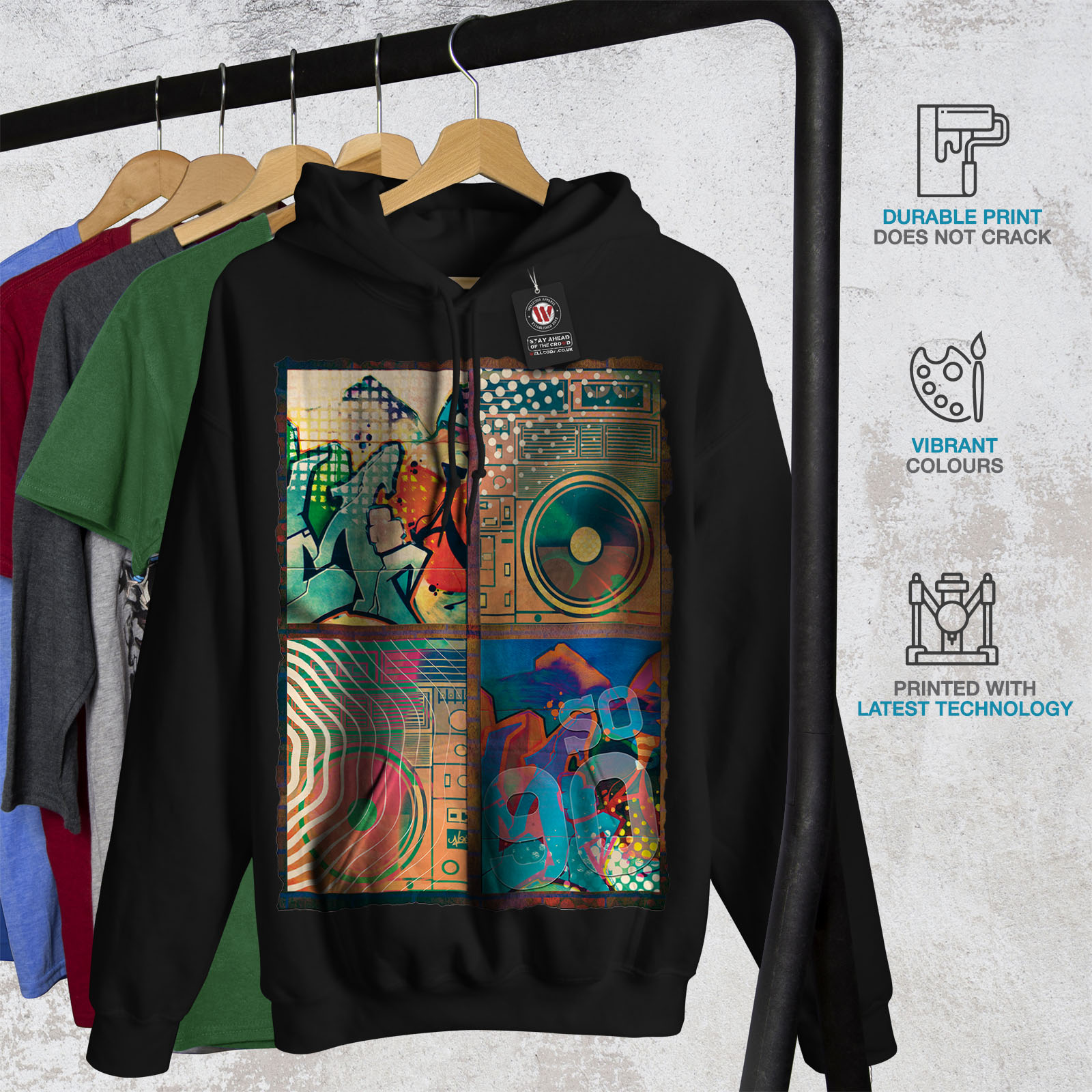 Casual Mens Felpa nera Wellcoda cappuccio con Felpa New cappuccio Art con IaazwqOnST