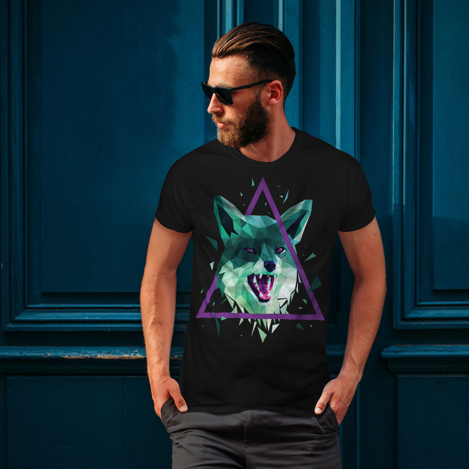 Rave Graphic Design Wellcoda Wolf Head Triangle Mens Long Sleeve T-shirt 